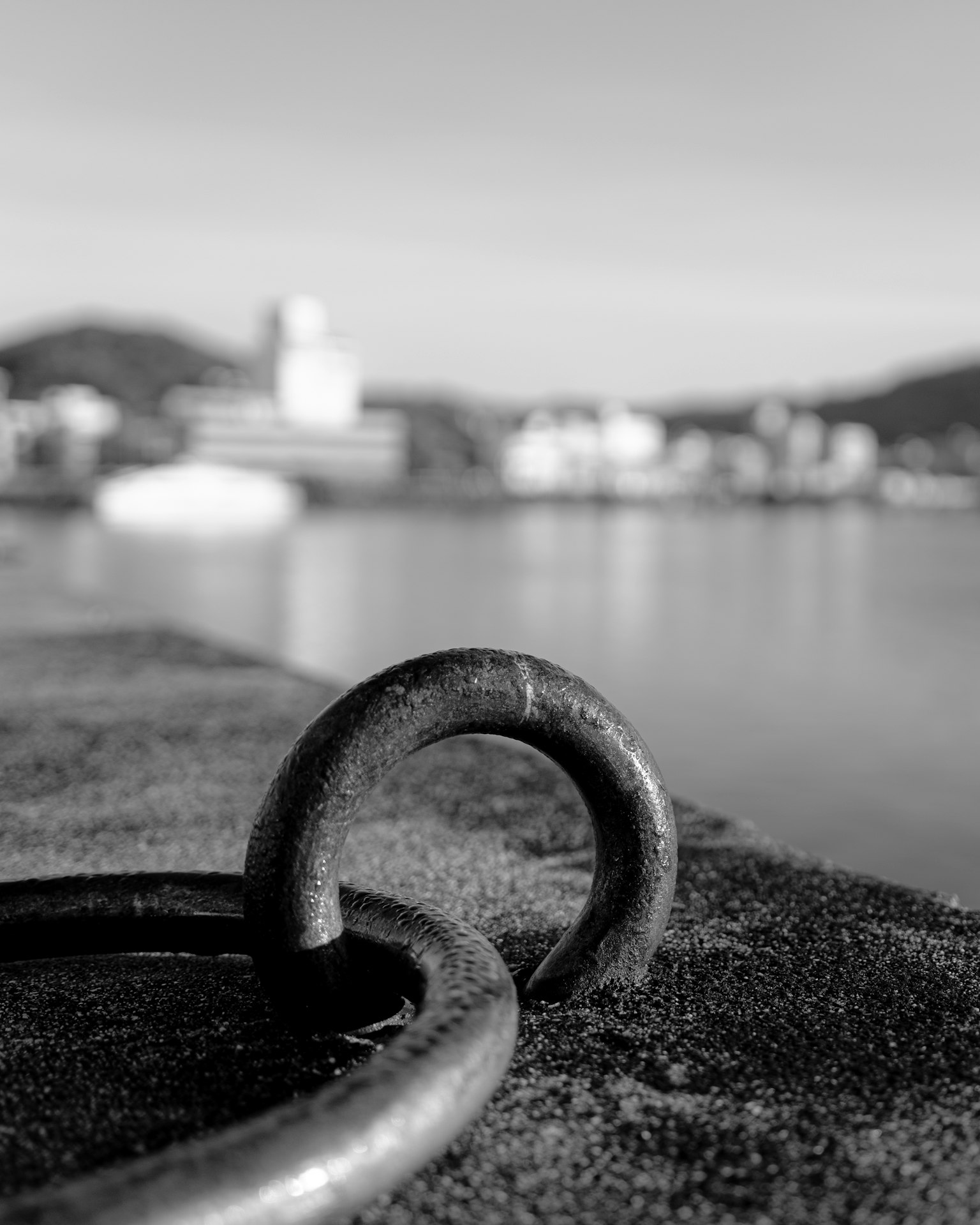 Black and white image of a metal hook by the water with blurred buildings in the background