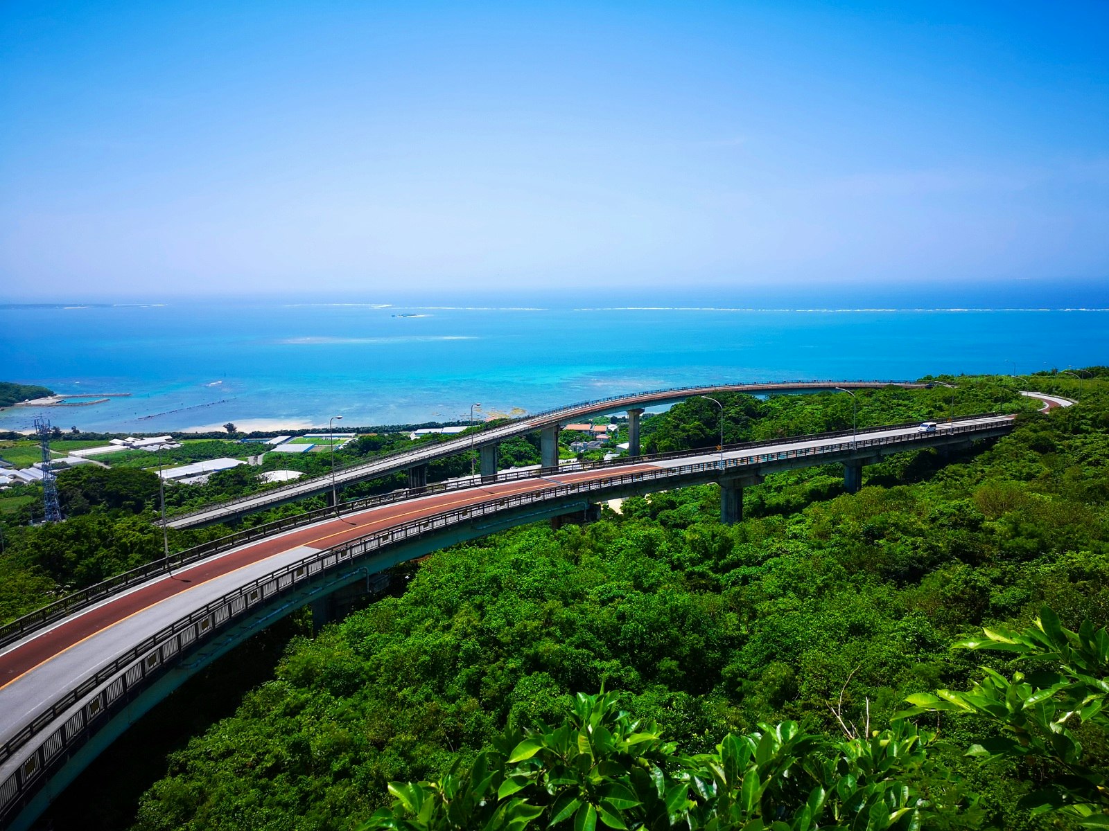 跨越河流通向海面的高架桥与茂密绿地