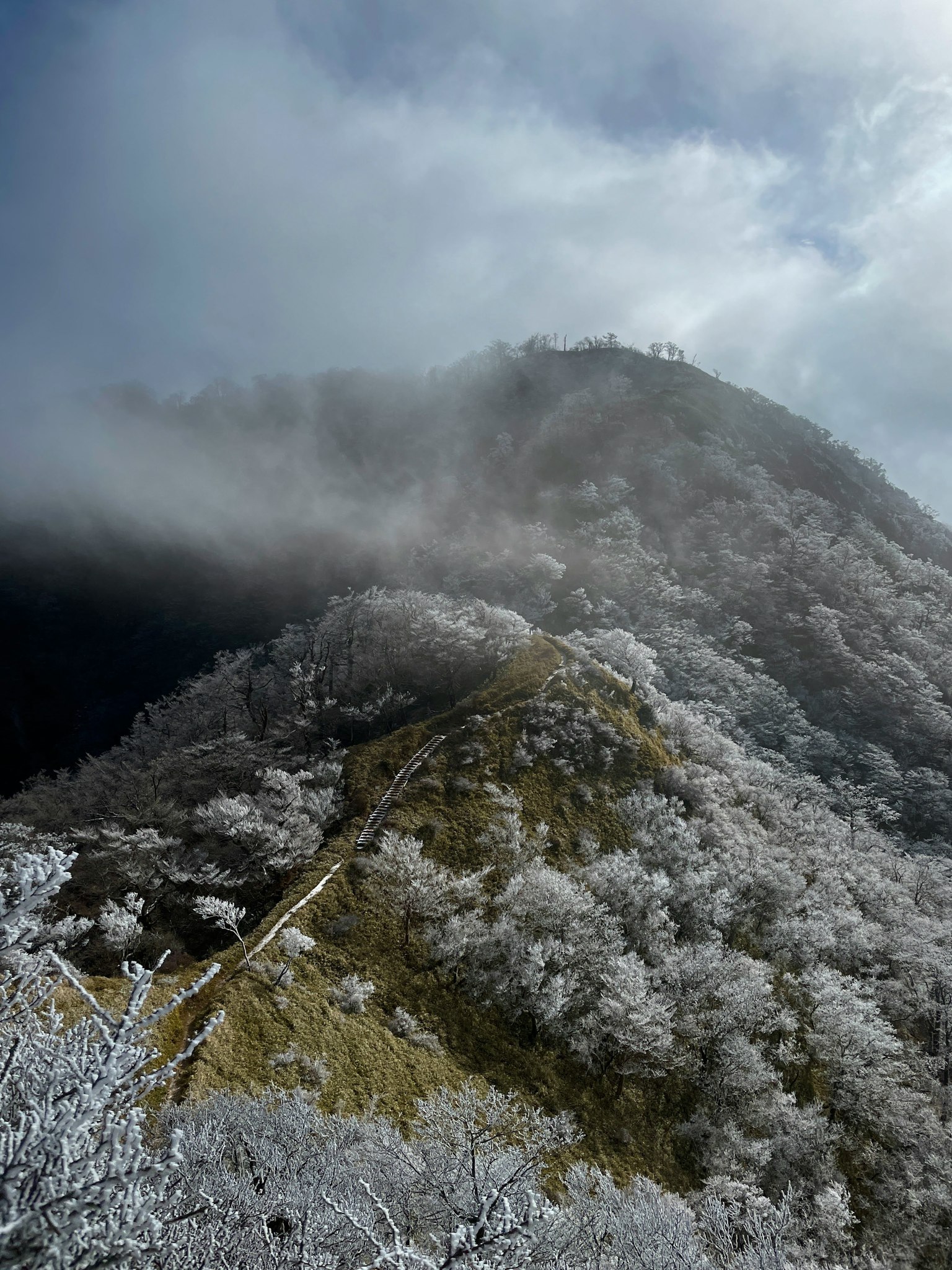 Paysage montagneux enneigé avec ciel brumeux