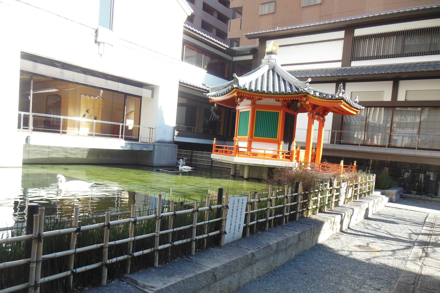池塘旁的传统橙色建筑和竹栅栏