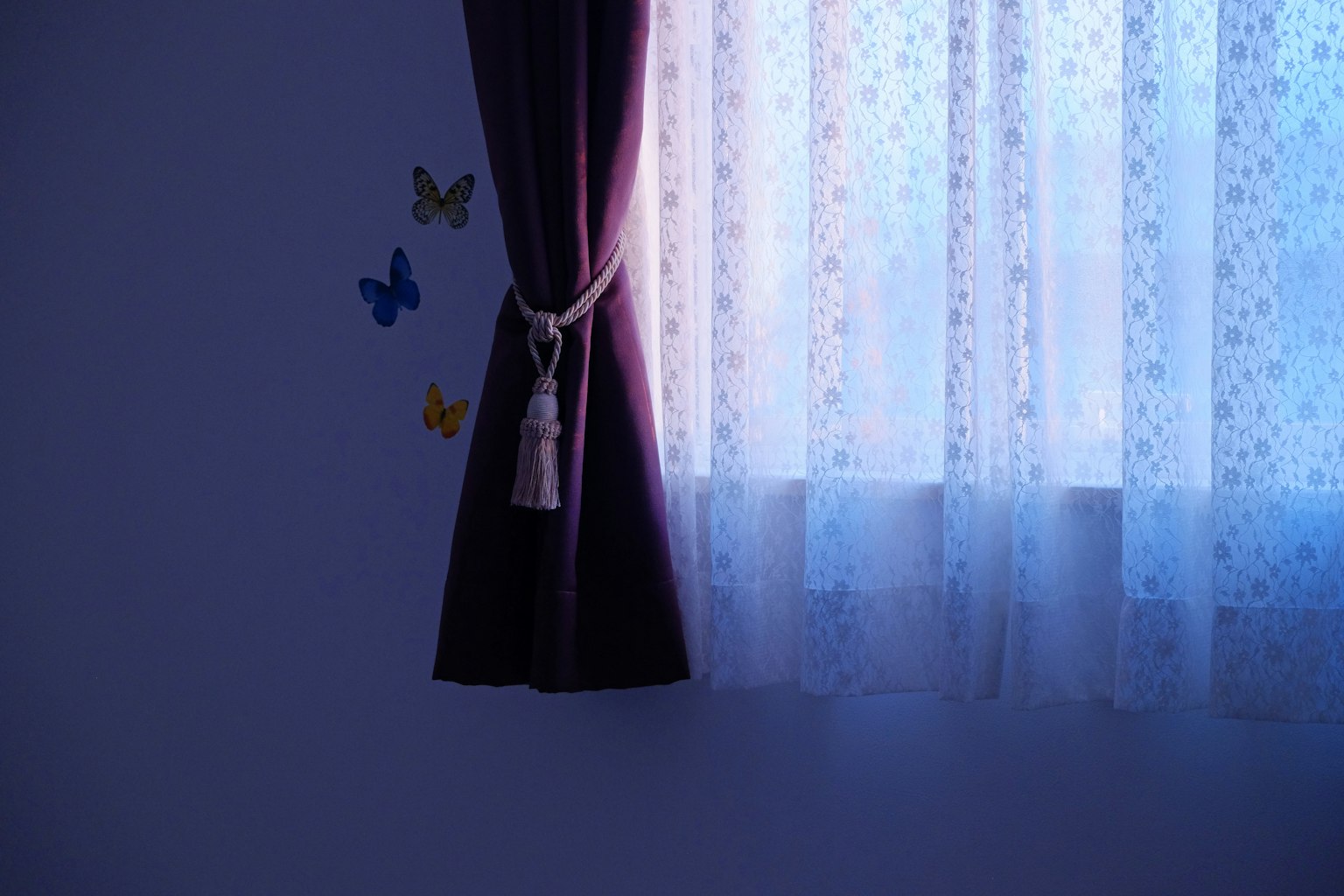 Finestra con tende e decorazioni di farfalle sul muro