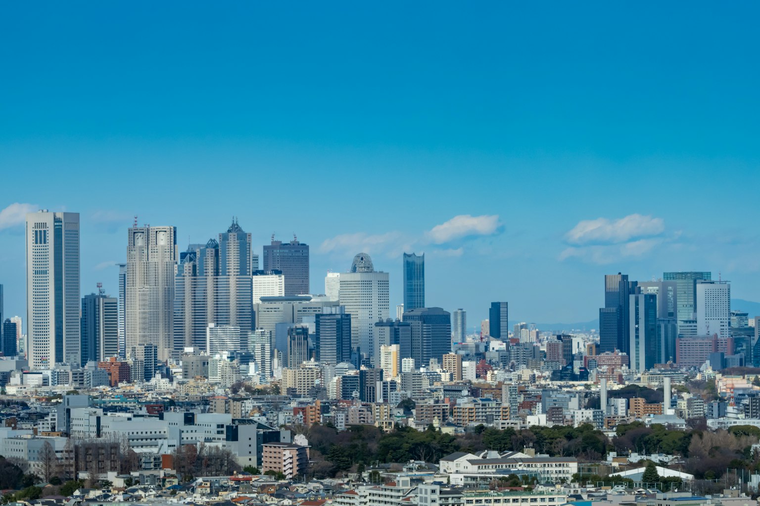 Panorama urbano di Tokyo sotto un cielo blu chiaro con grattacieli e aree residenziali