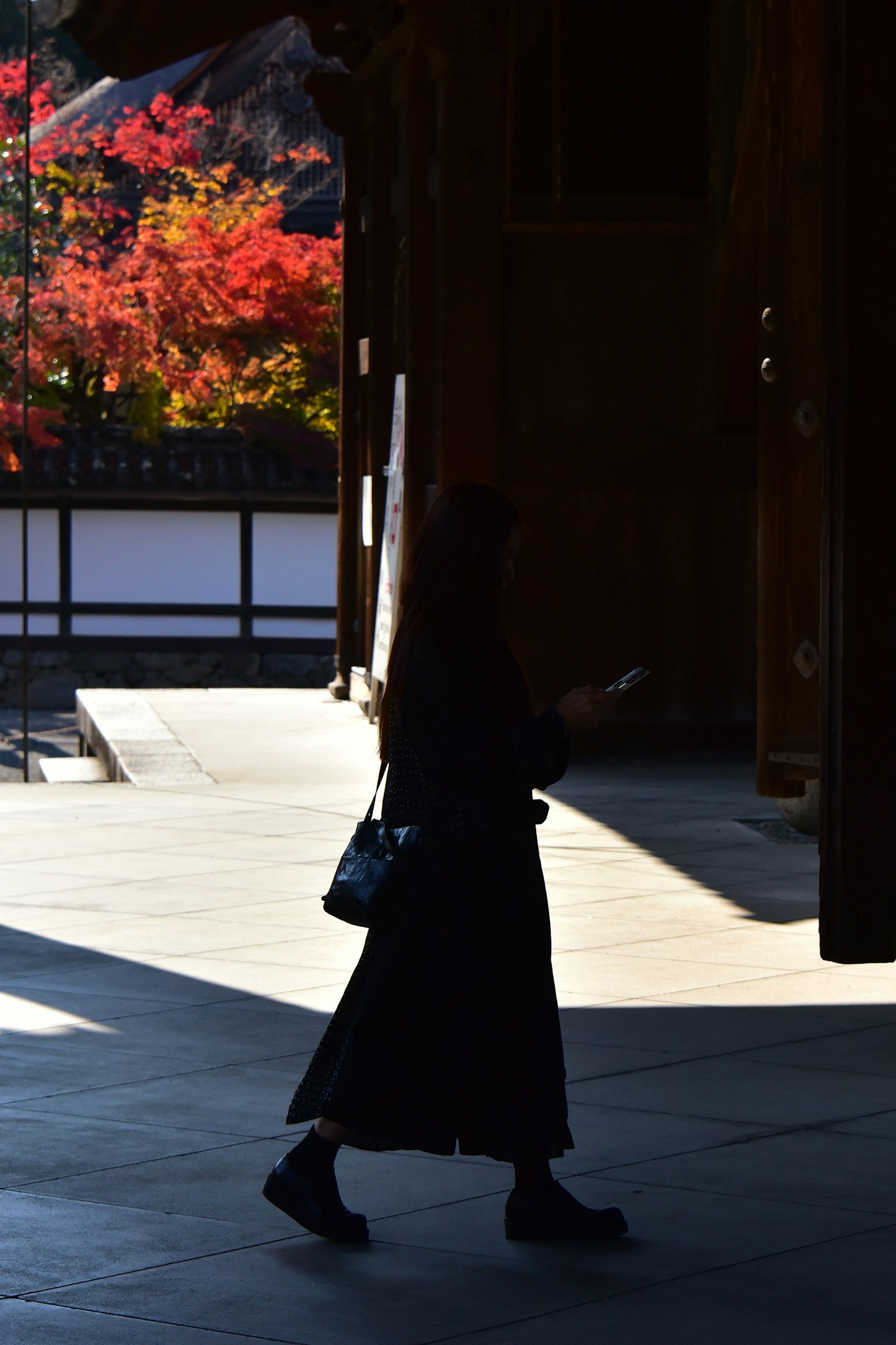 紅葉の背景を持つシルエットの女性が歩いている