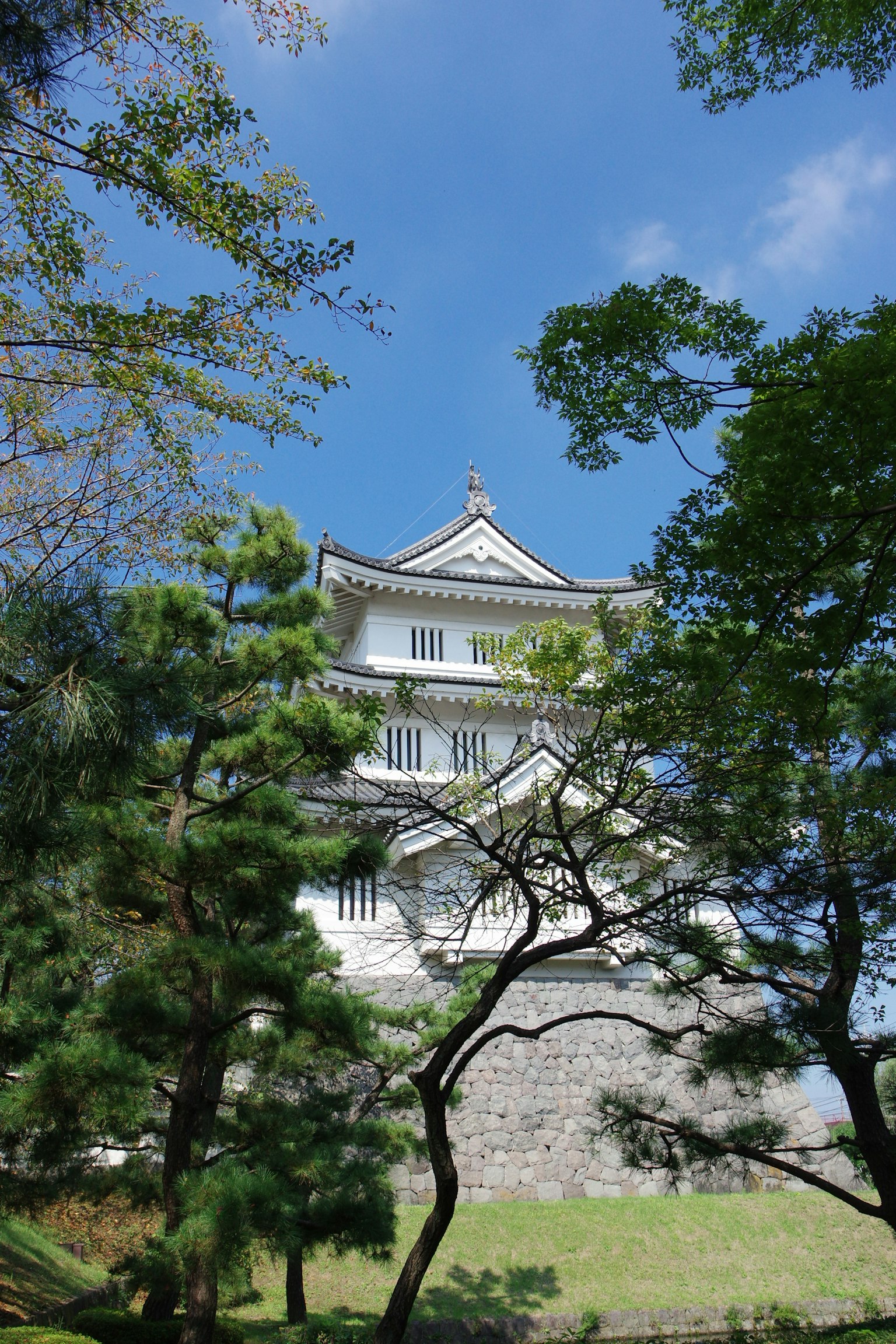 Un castello bianco sotto un cielo blu circondato da alberi verdi