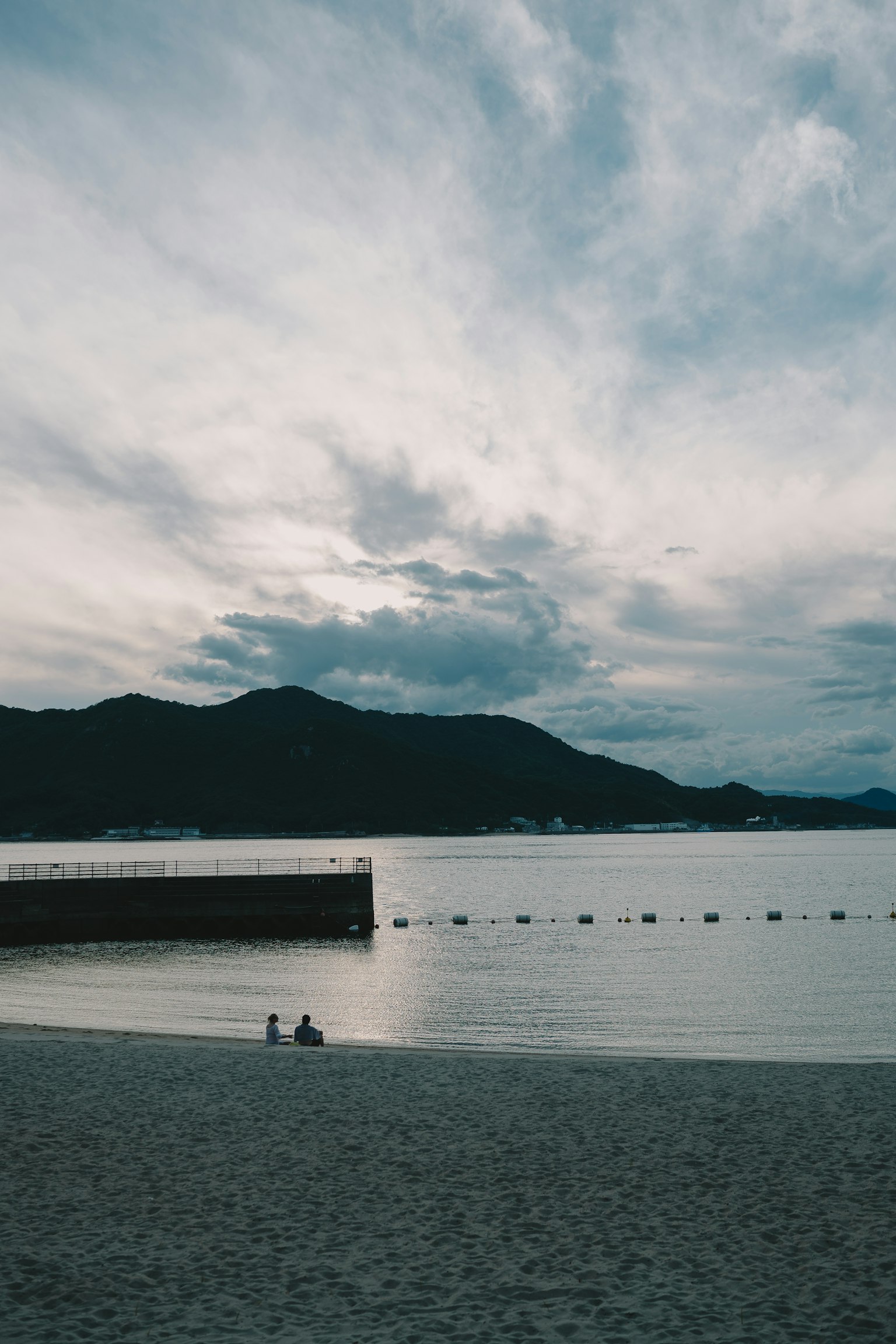 Silhouettes de deux personnes assises sur une plage calme avec une vue sur l'océan serein