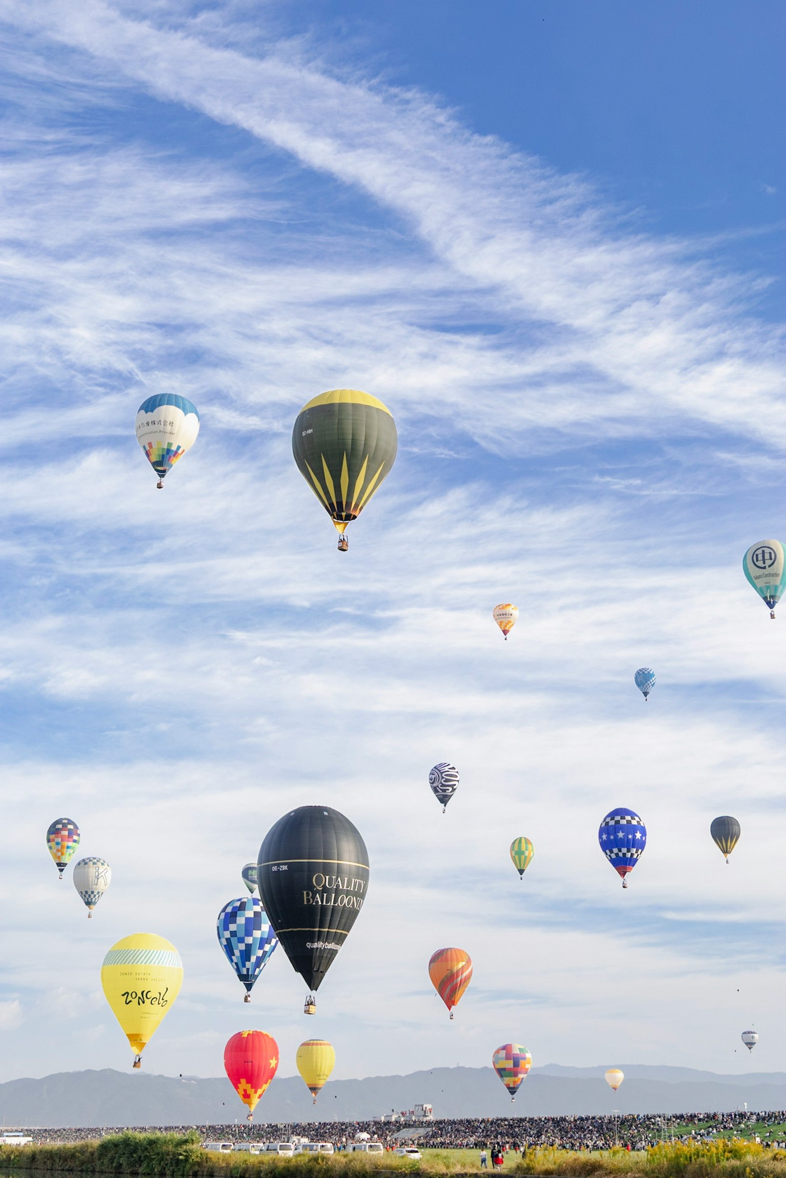 青空の下に浮かぶカラフルな熱気球の群れ