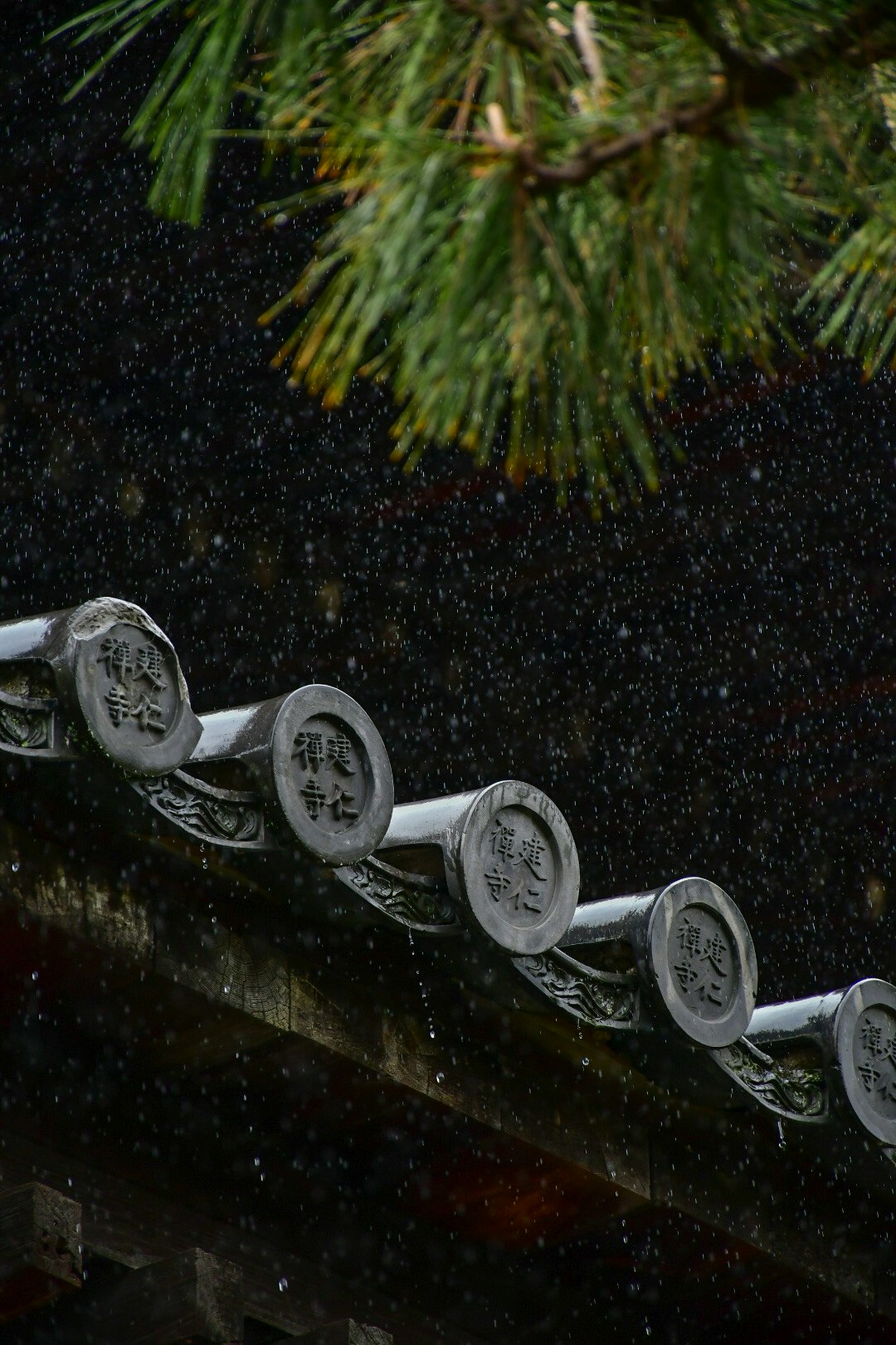 建仁寺の庭園で降る雨と苔むす石畳の水しぶきのある景色