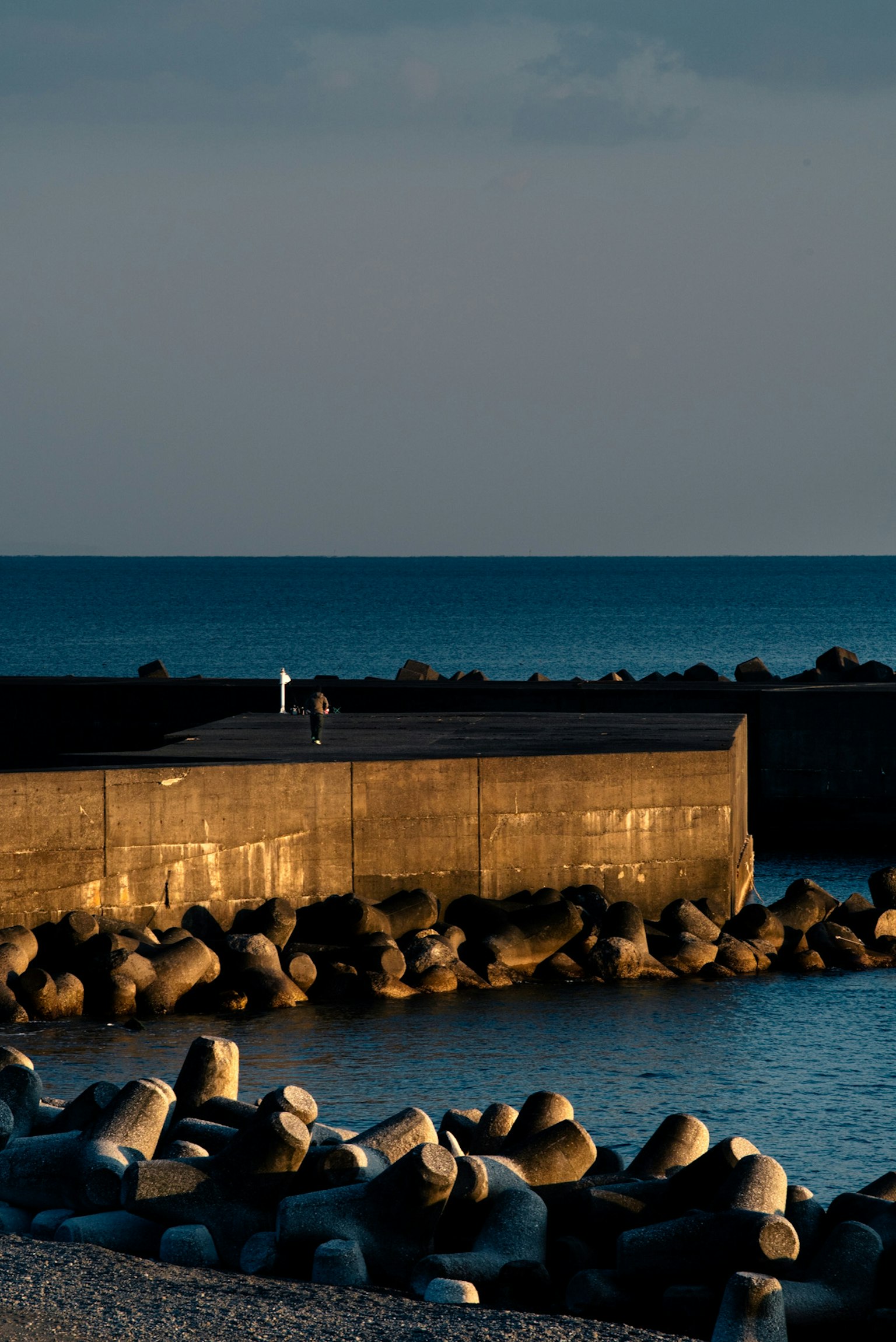 Escena costera con un rompeolas y bloques de concreto junto al mar