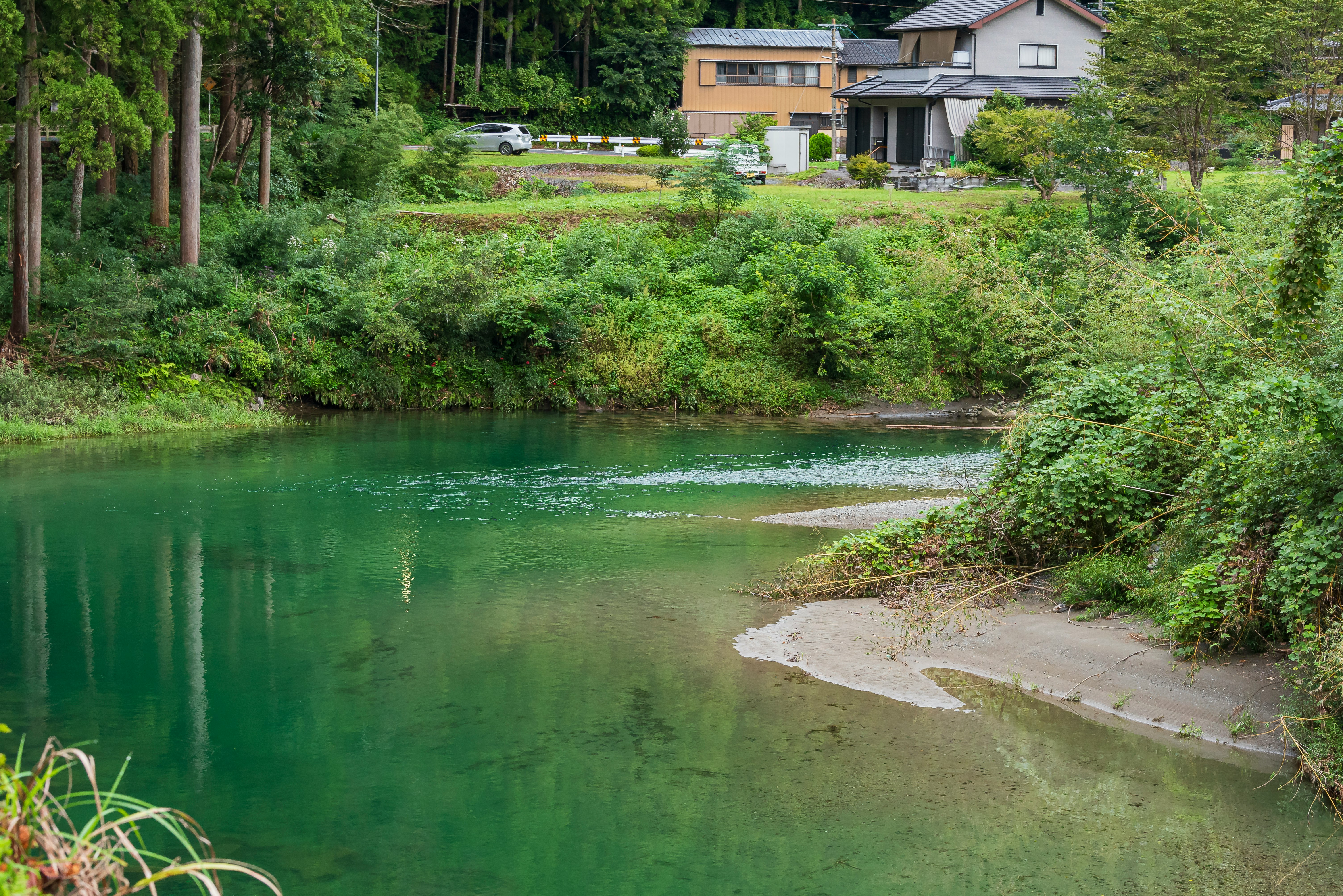 川沿いの緑豊かな自然と小さな家並みの風景