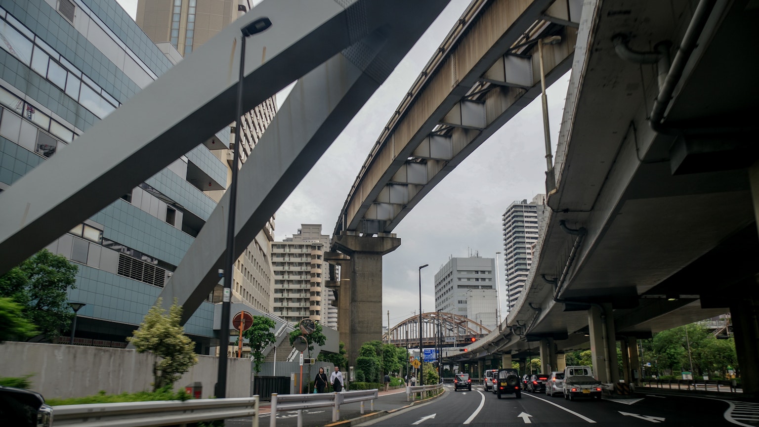 Escena urbana con carreteras elevadas y edificios bajo un cielo gris y árboles verdes