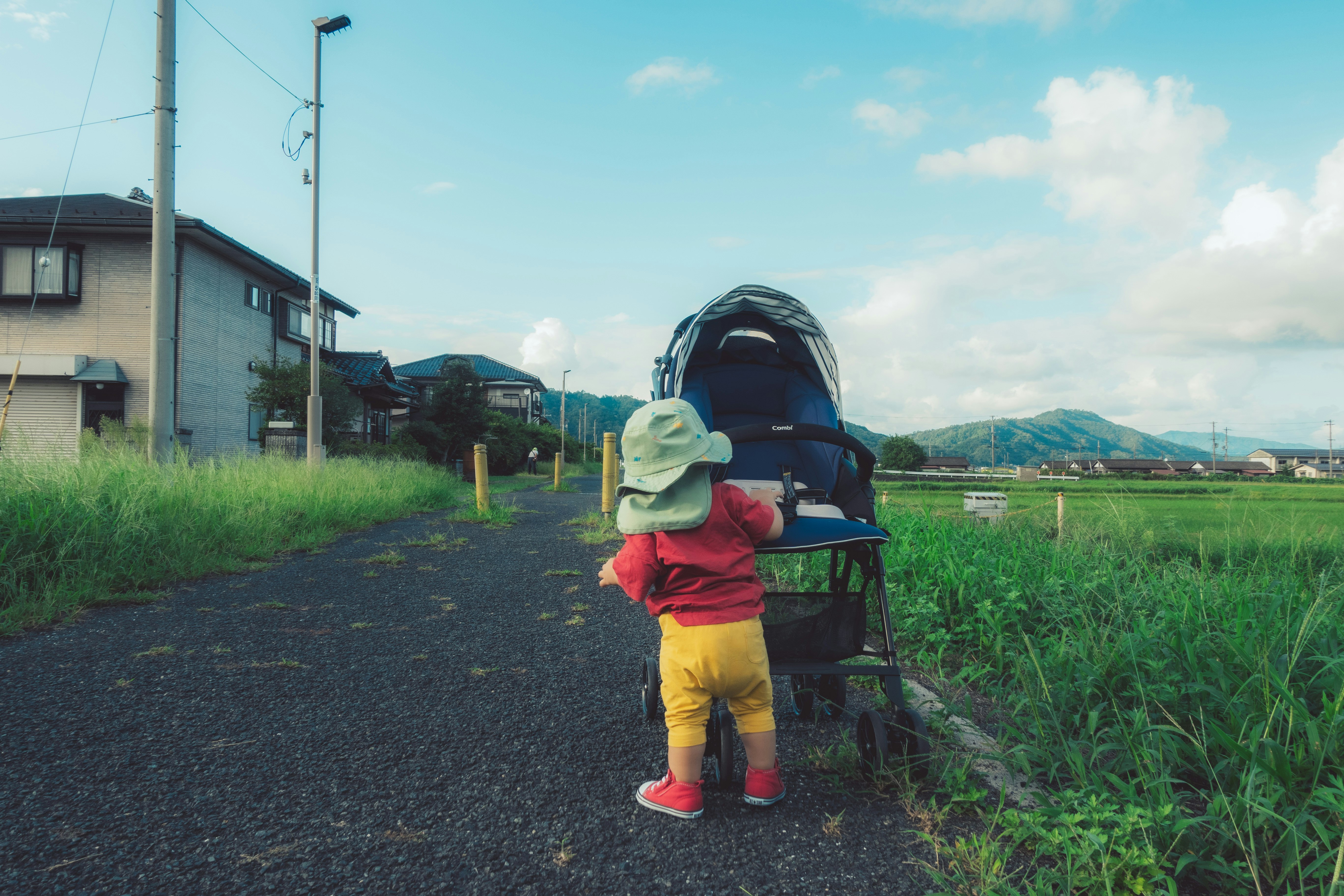 田舎道をベビーカーで散歩する親子
