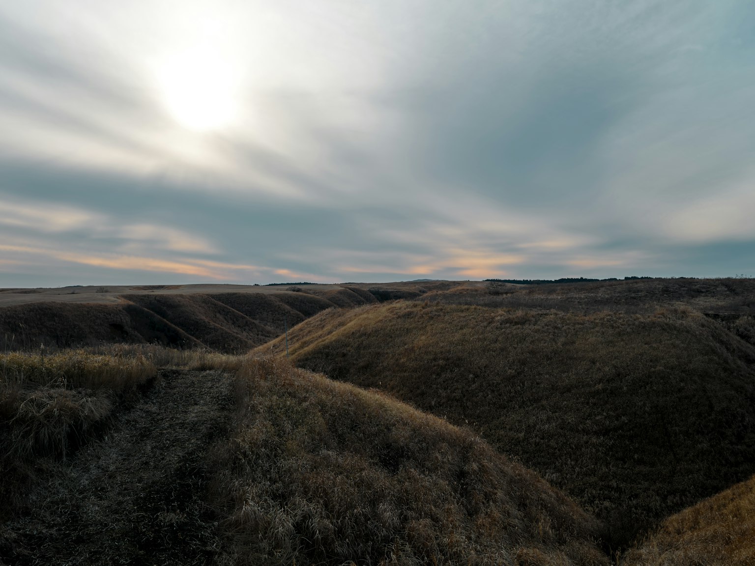 Vastes prairies avec des collines ondulantes sous un ciel nuageux