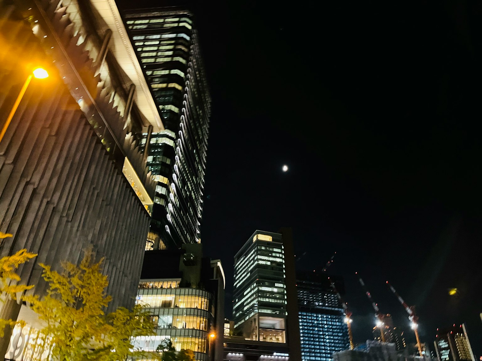 夜间城市景观与照明建筑和月光