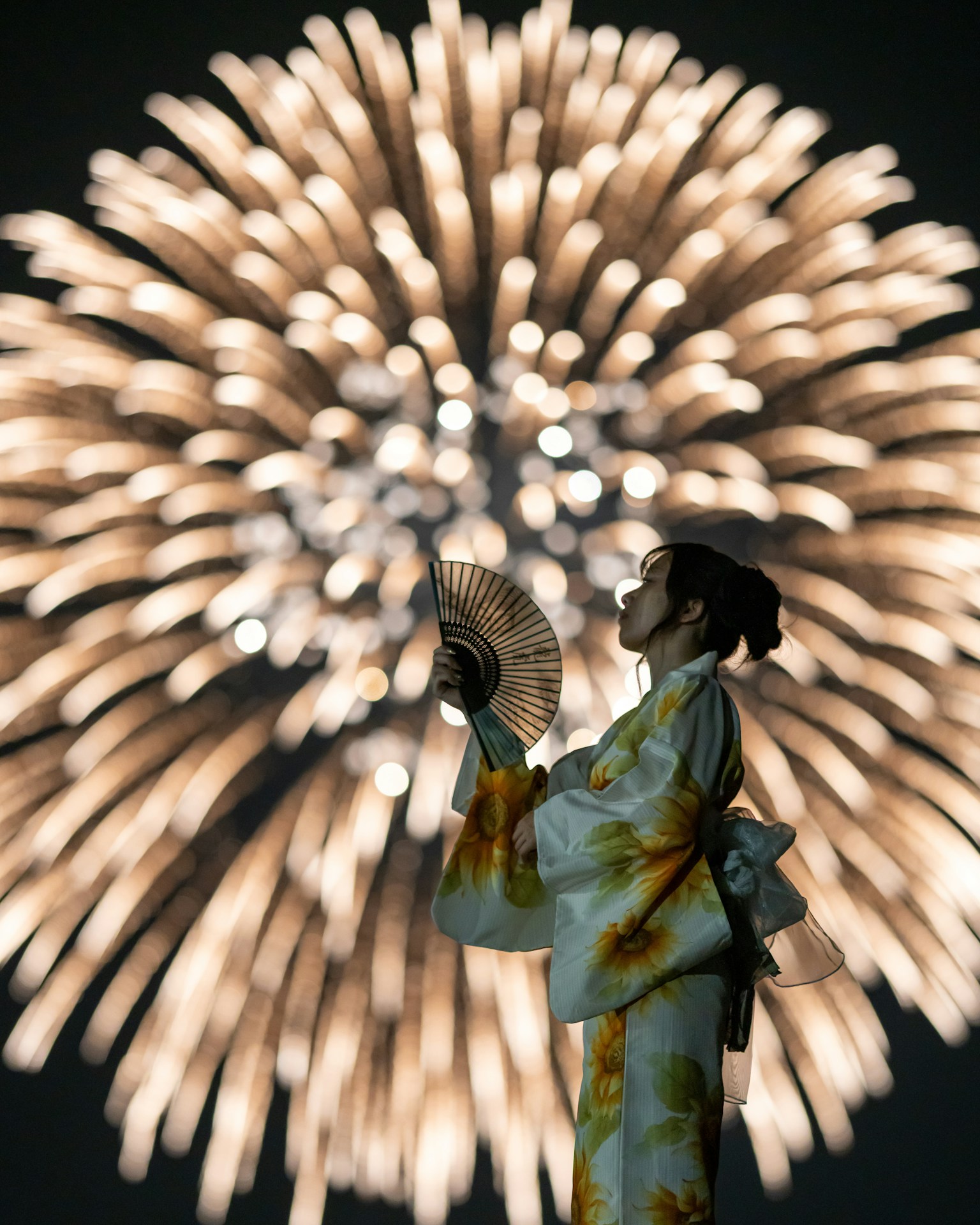 Silhouette of a woman in a kimono holding a fan against a backdrop of fireworks