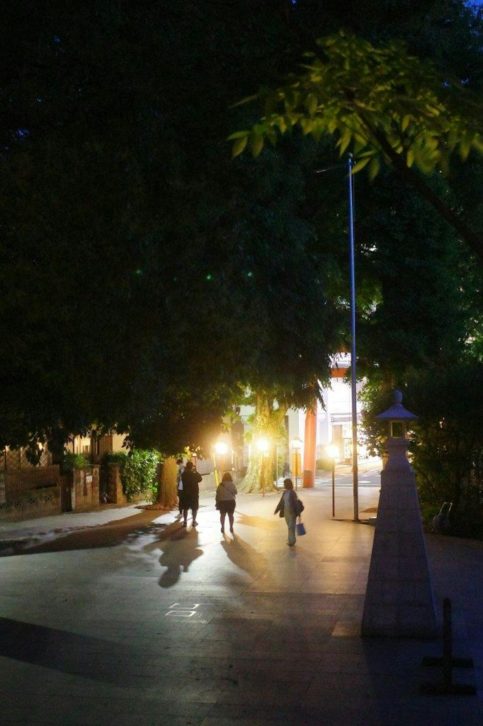 夜晚公園裡走動的人影與溫暖的燈光
