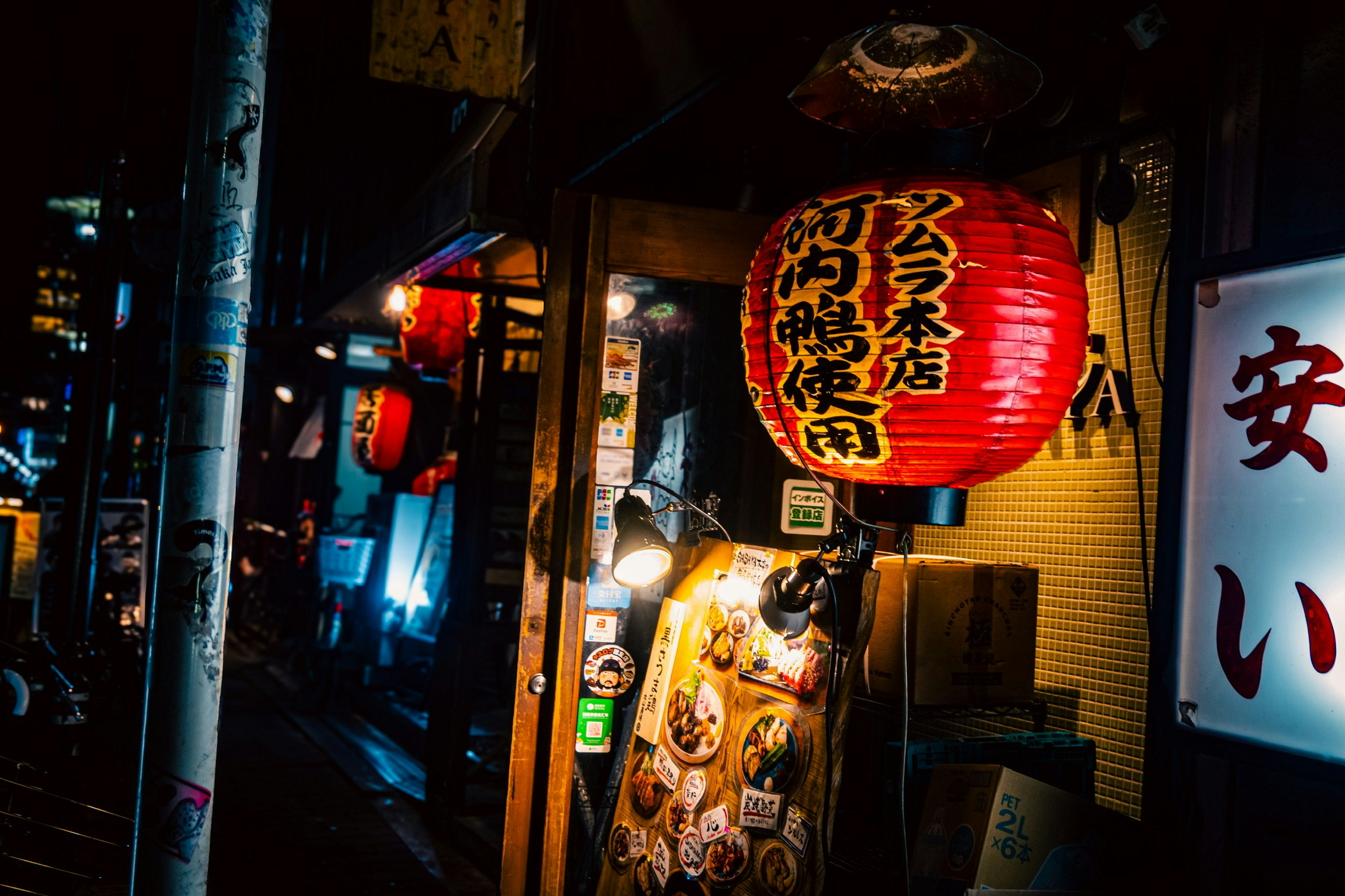 Osaka night alley with lanterns and shop signs