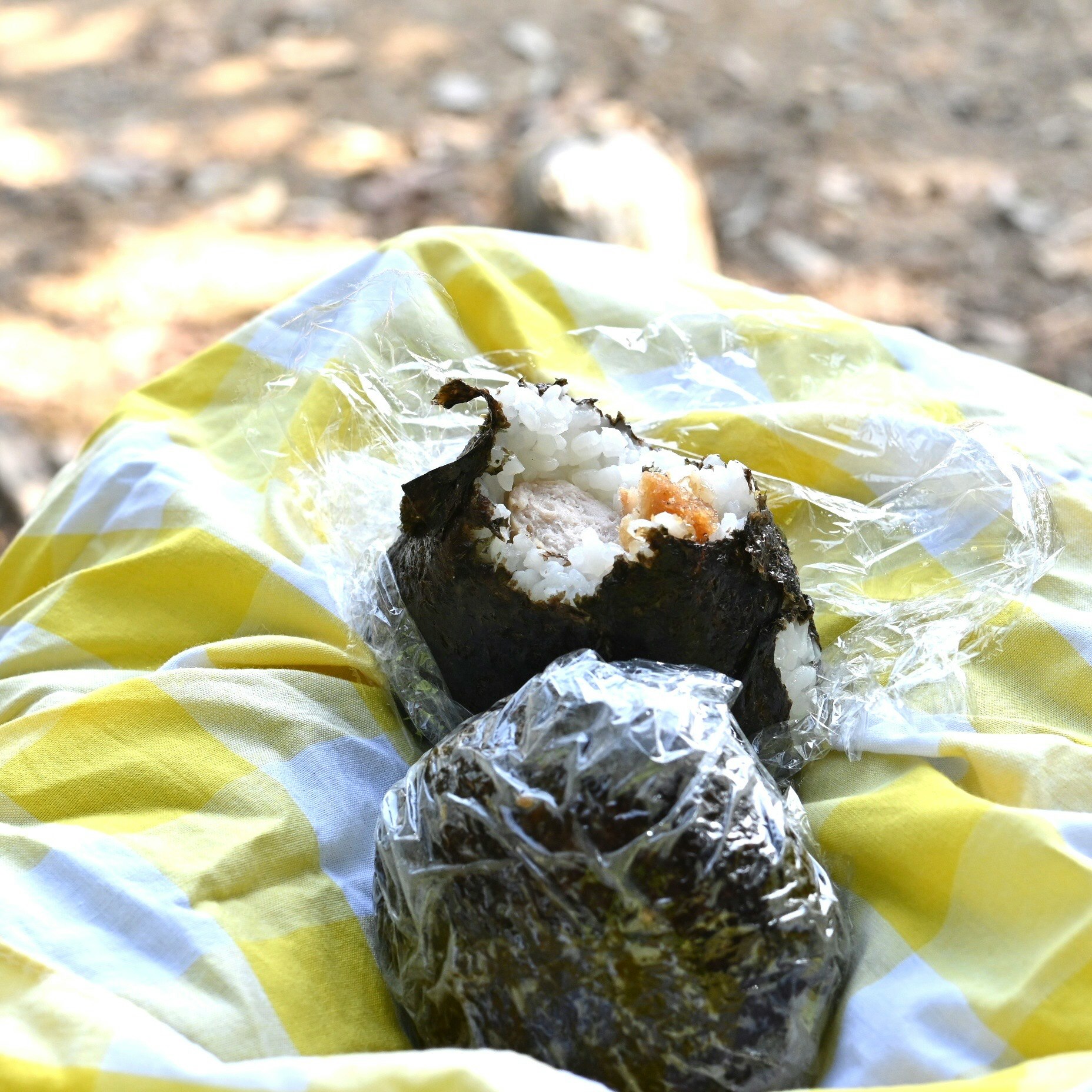 gros plan d’onigiri enveloplés pour une randonnée en montagne