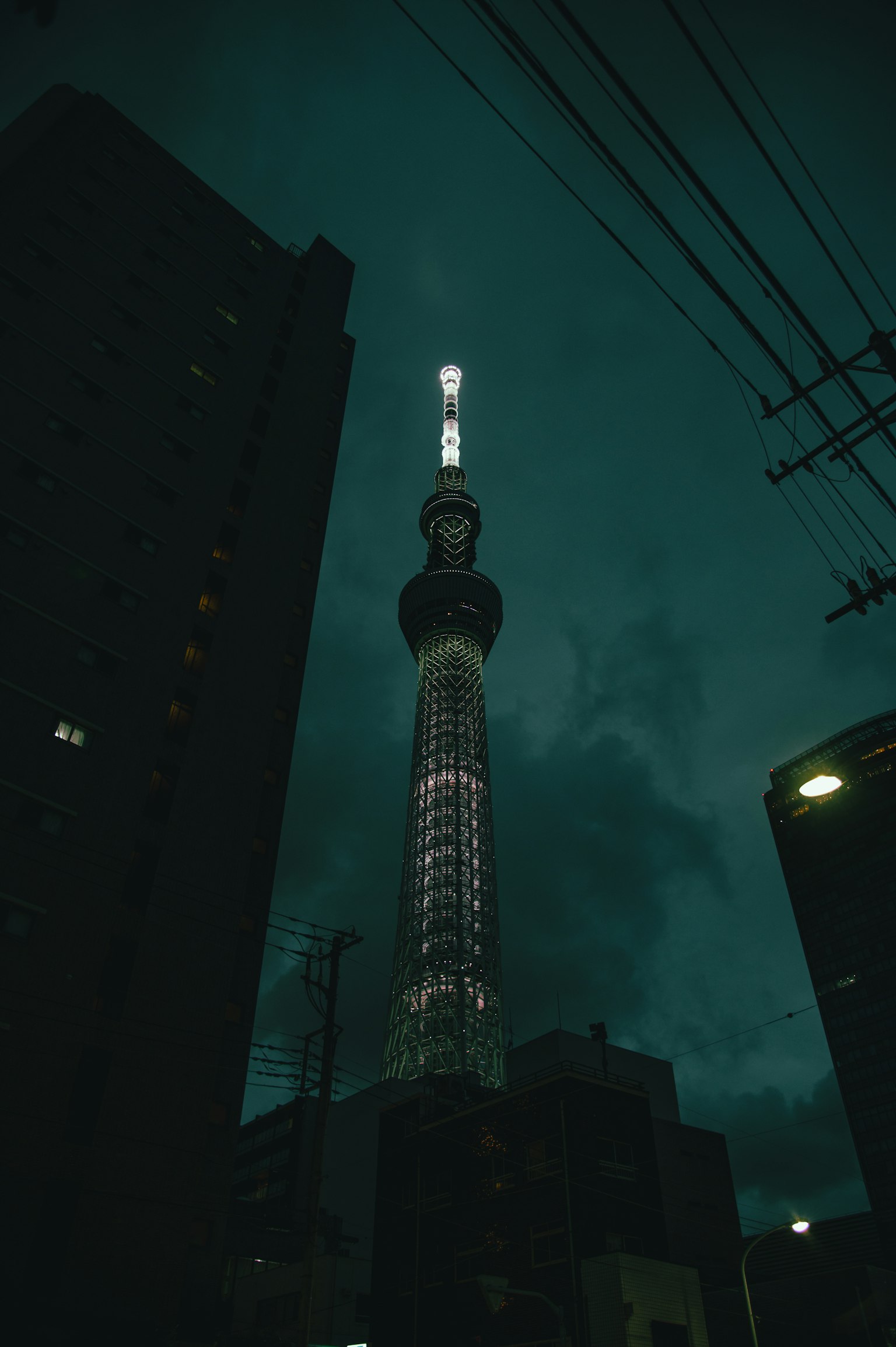 Tokyo Skytree illuminato di notte visto tra gli edifici