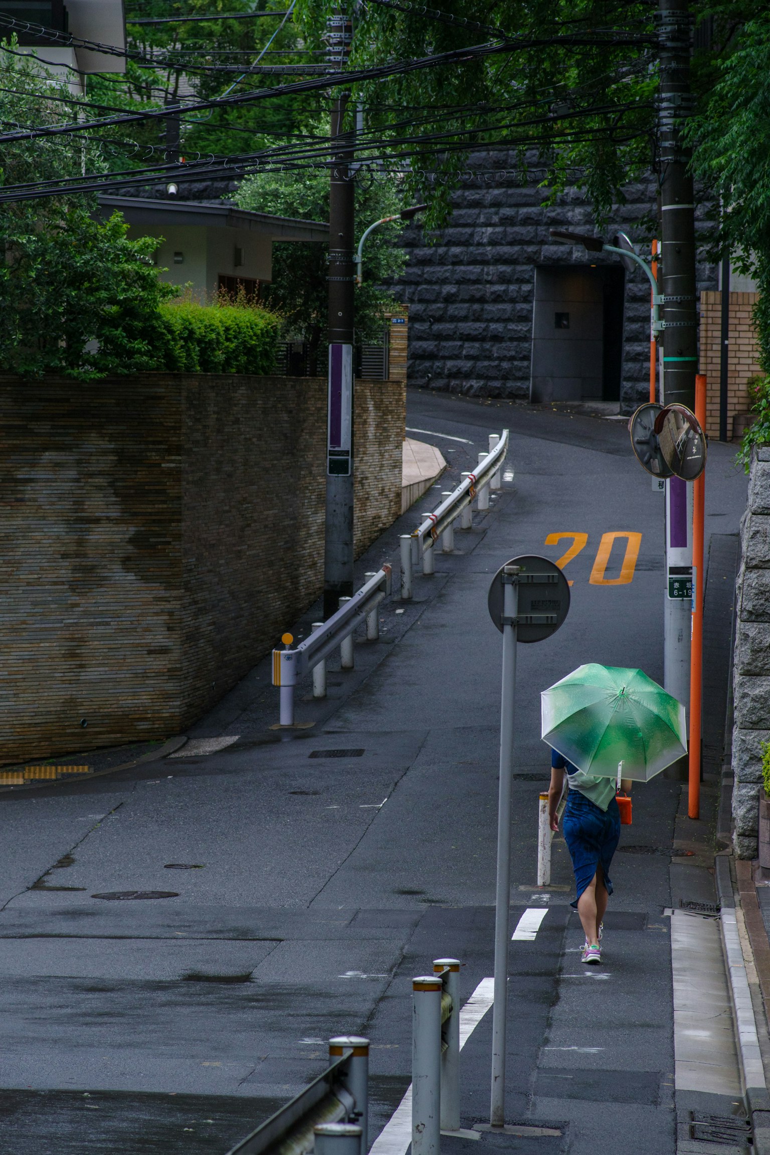 Una persona che cammina lungo una strada inclinata tranquilla con un ombrello verde