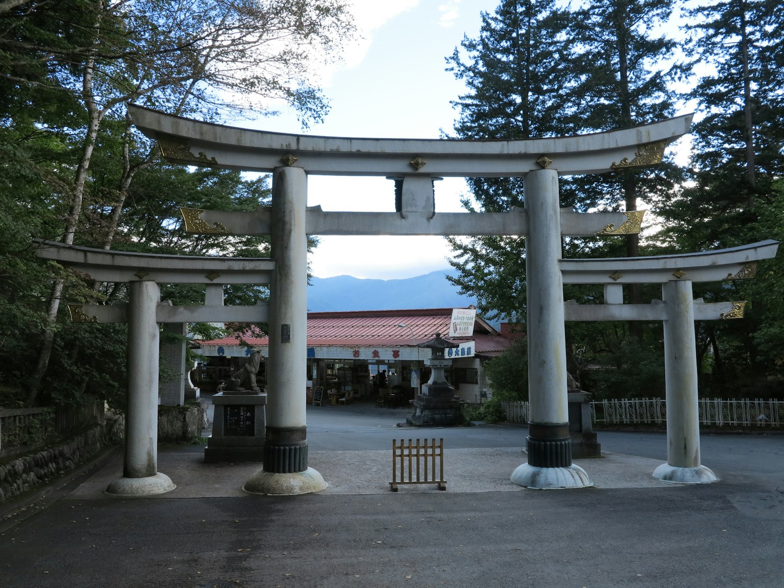 神社入口有多个鸟居，周围环绕着茂密的树木和宁静的氛围