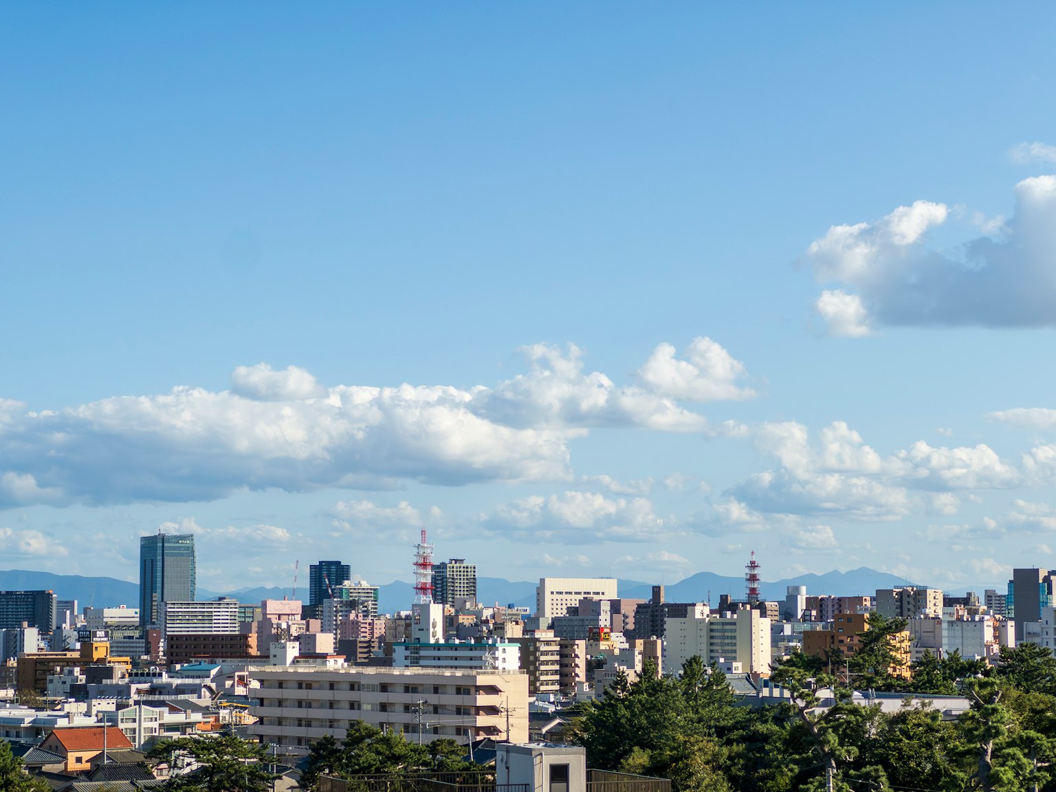 Urban skyline under a blue sky with scattered clouds