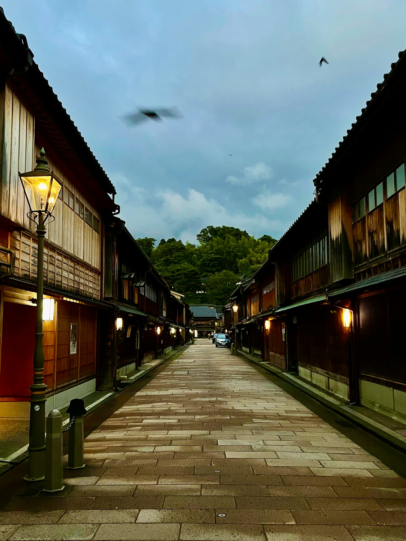 Quiet cobblestone street lined with traditional buildings at dusk