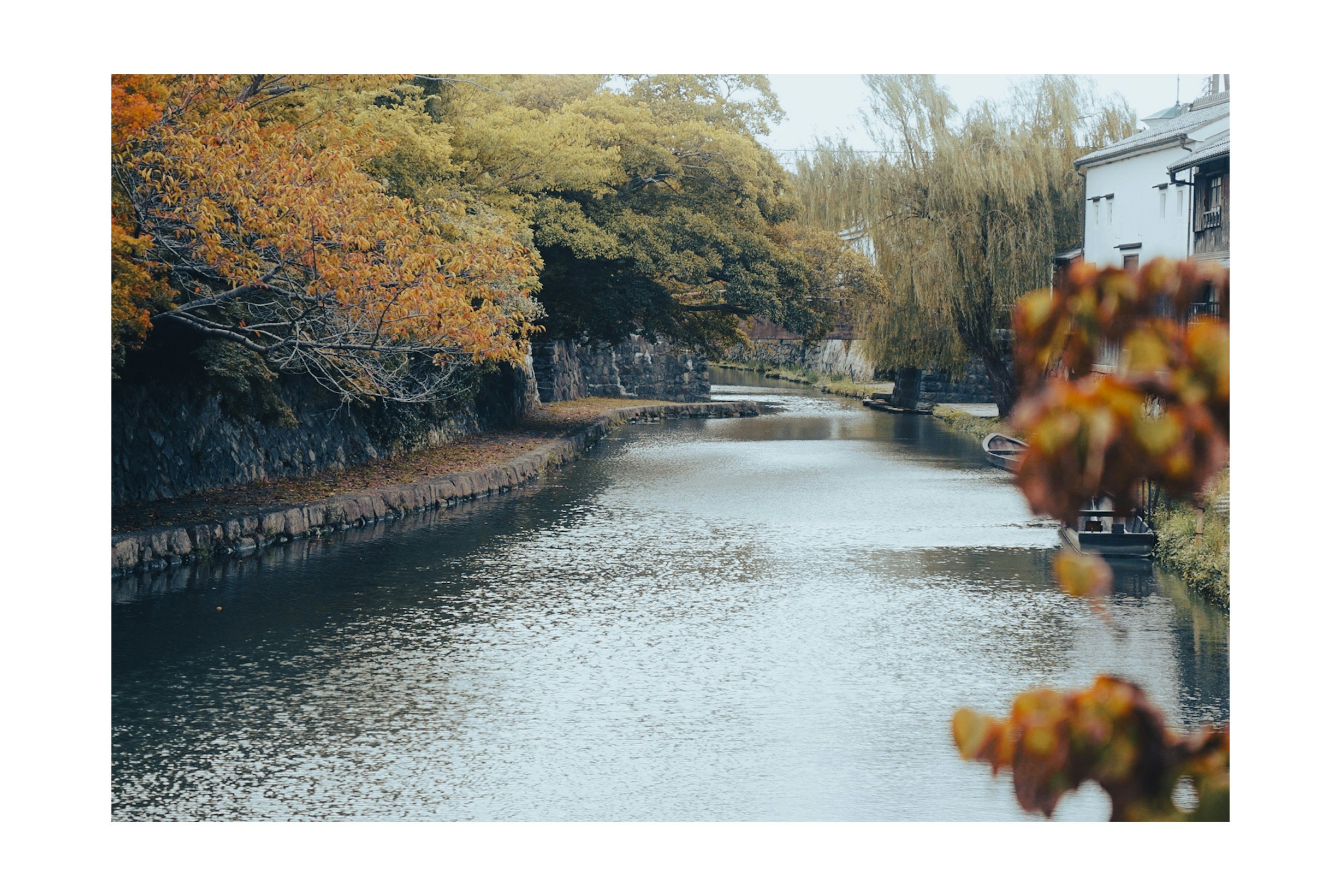 川沿いの石積みと木々に囲まれた静かな水面の風景