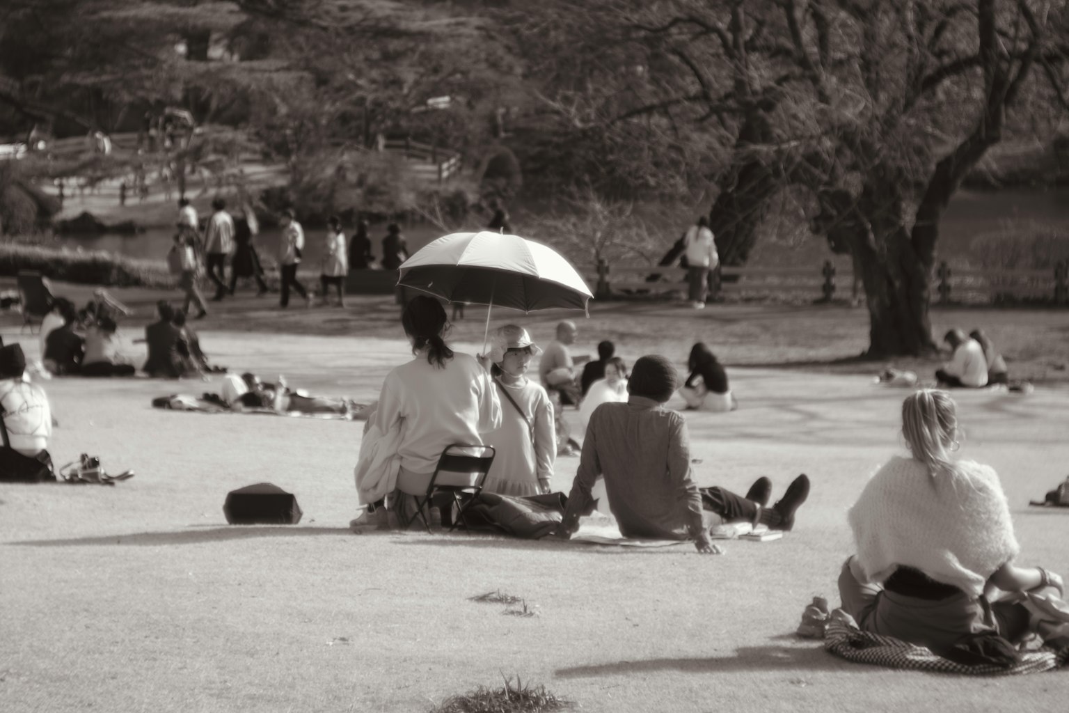 Schwarzweißbild von Menschen, die sich in einem Park entspannen, mit einer Frau unter einem Regenschirm und umliegenden Bäumen