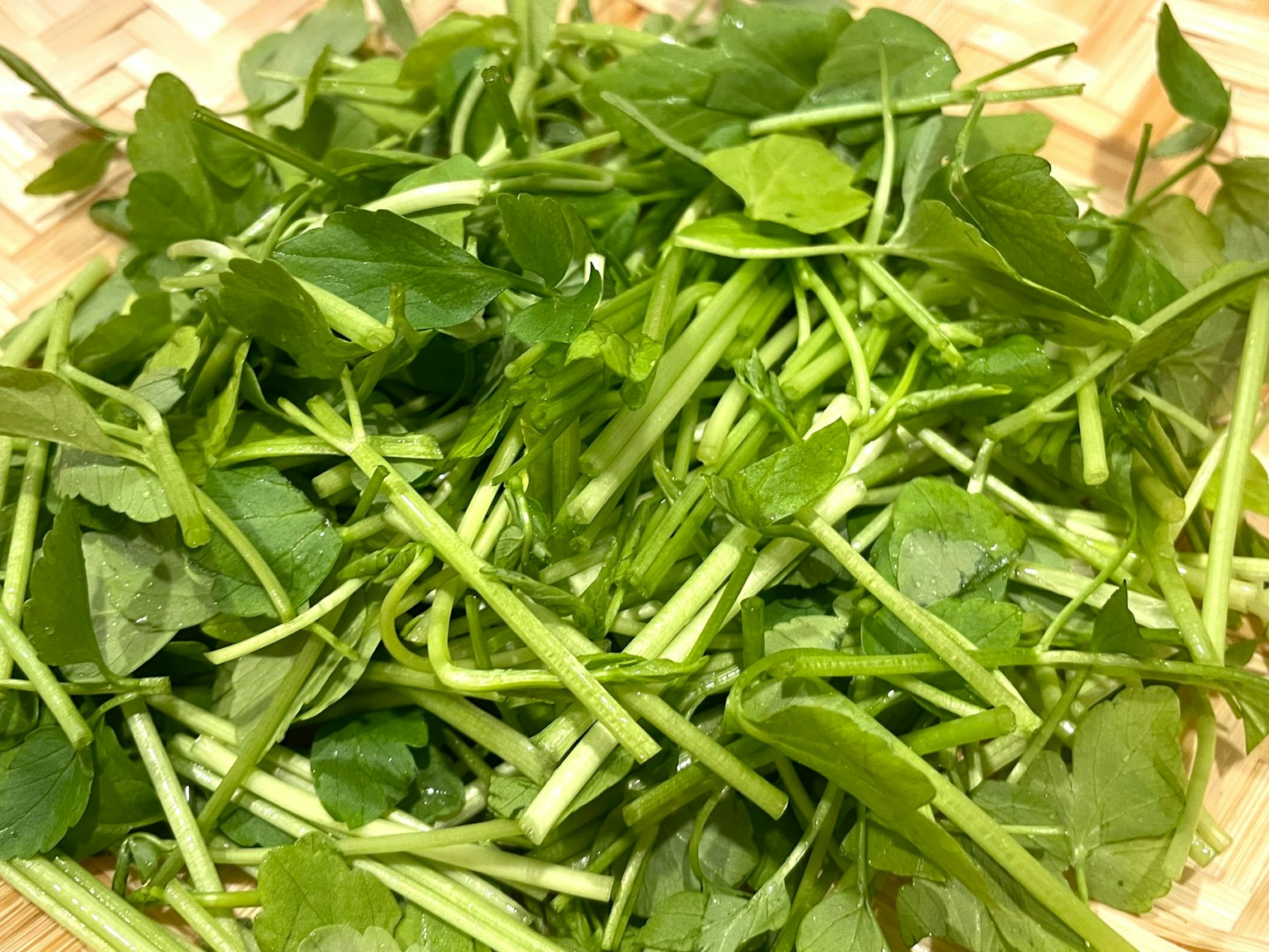 Fresh green herbs piled in a woven basket