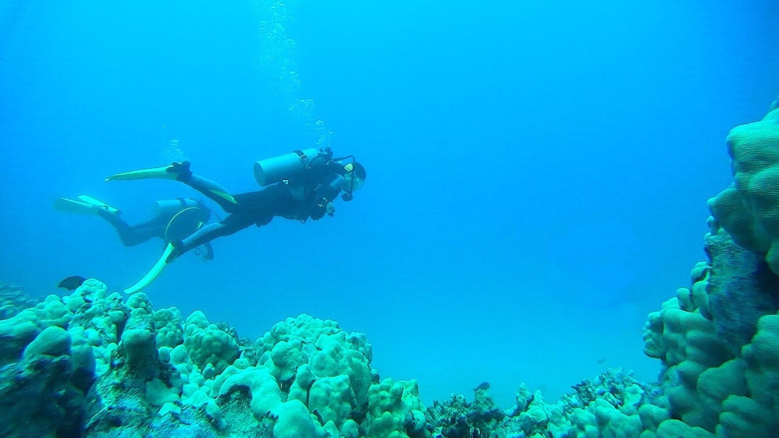 Un subacqueo che nuota in un oceano blu con una barriera corallina sullo sfondo