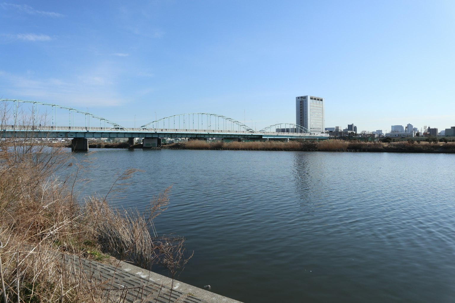 Scenic view of a river with a bridge and buildings in the background