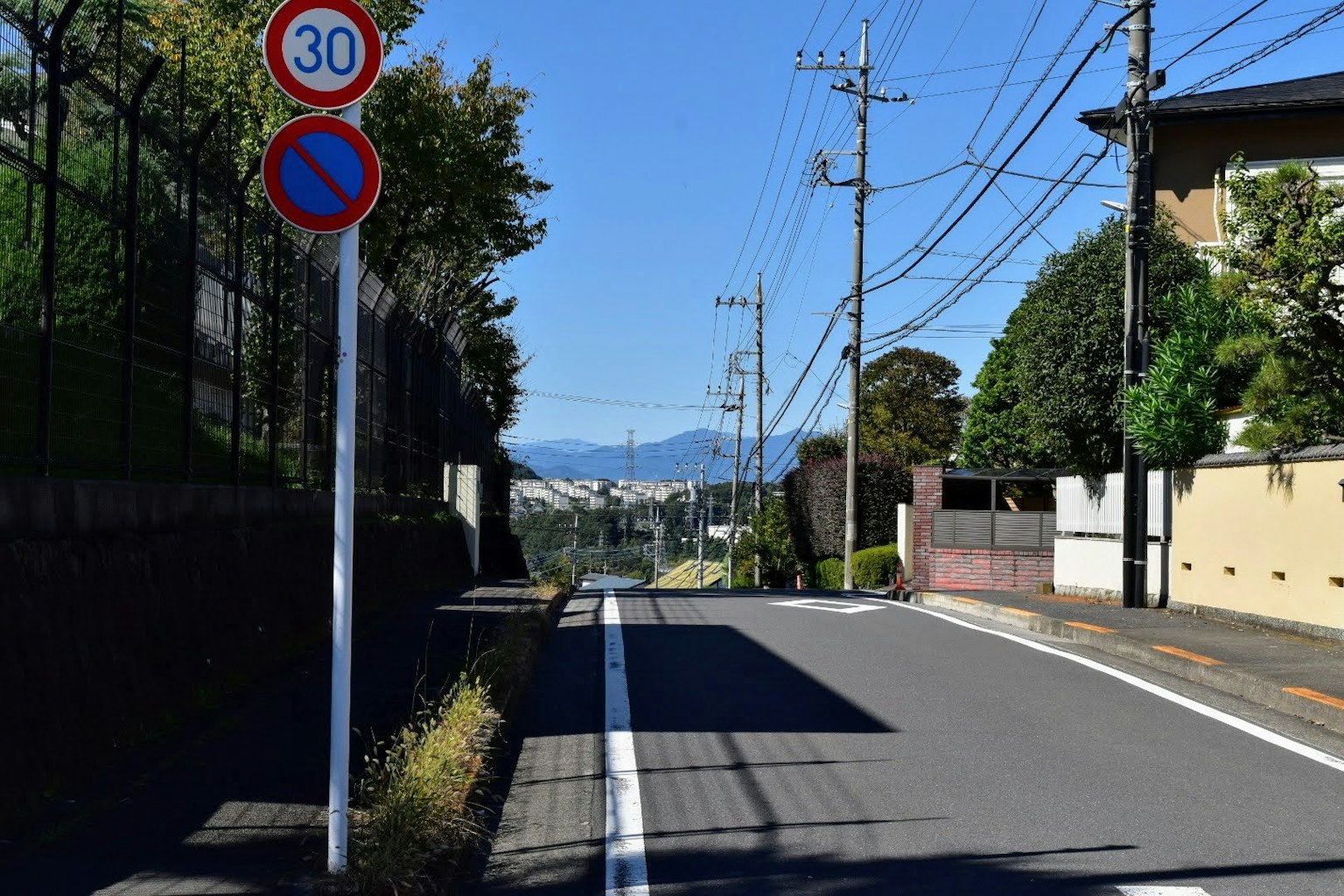 조용한 주택가 도로와 30km 속도 제한 표지판 및 먼 산들