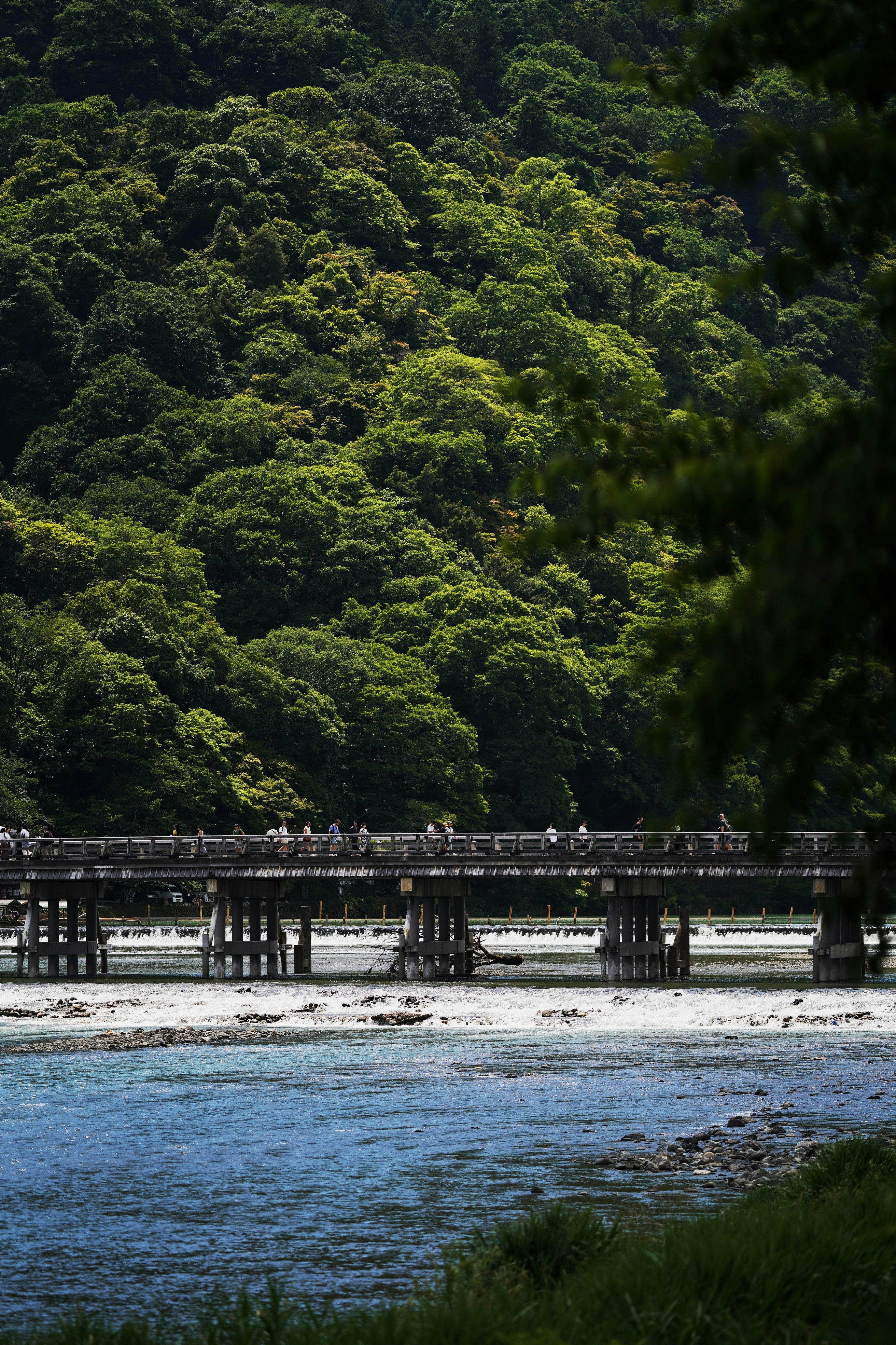 Cầu Togetsukyo ở Arashiyama trên dòng sông xanh và dãy núi xanh tươi