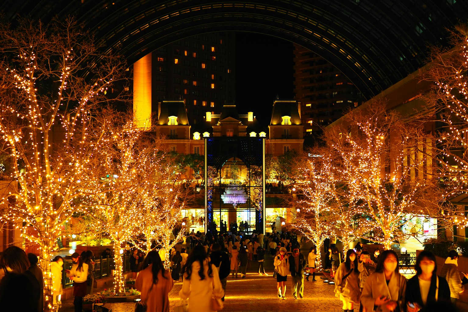 燈光閃爍的樹木和熙熙攘攘的人群的夜景