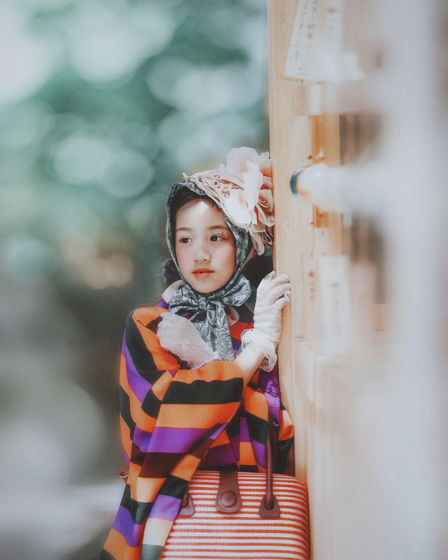 Ein Mädchen in einem bunten gestreiften Kimono, das an einer Wand lehnt