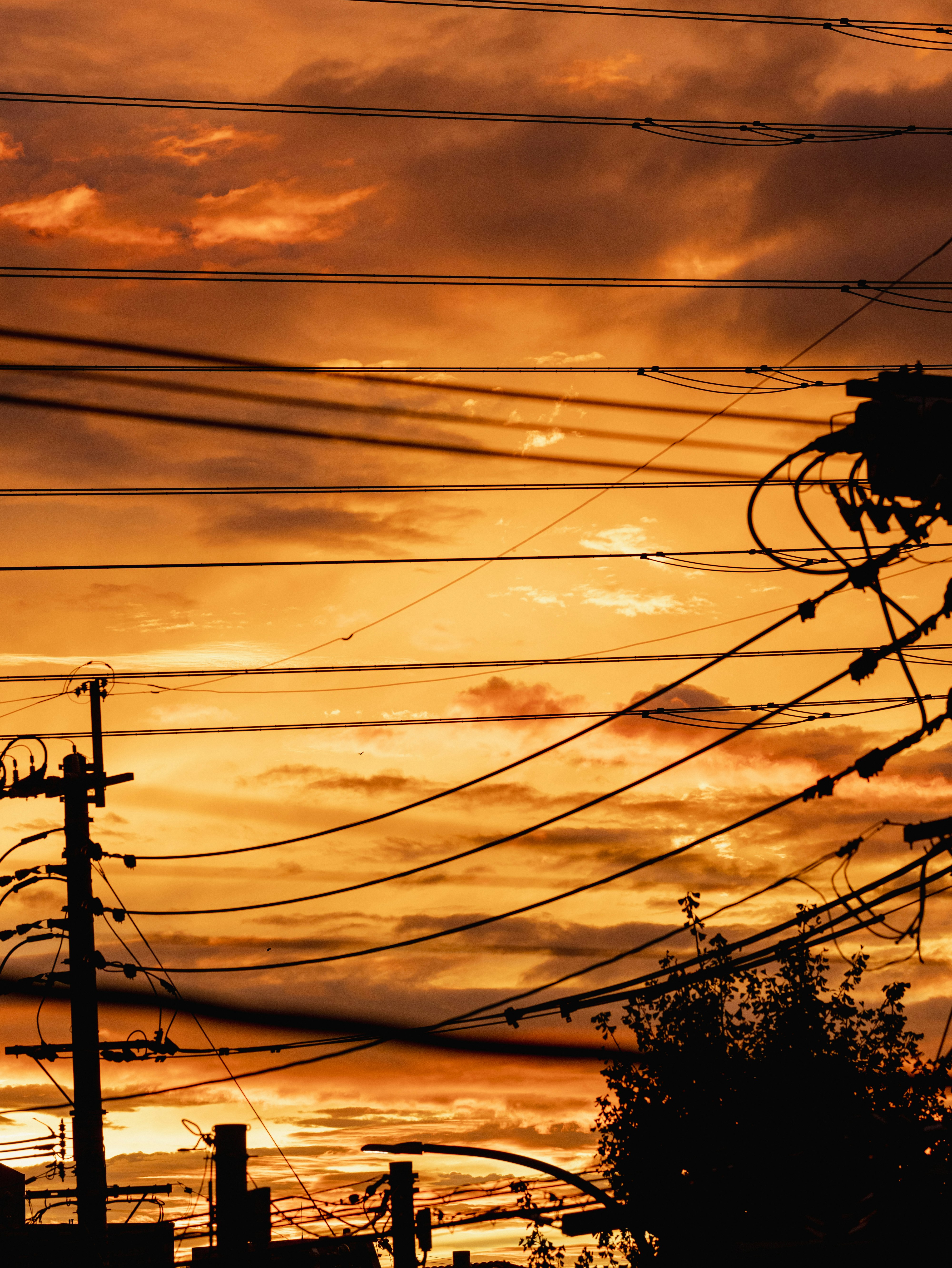 cielo al tramonto sopra la città con cavi elettrici intrecciati