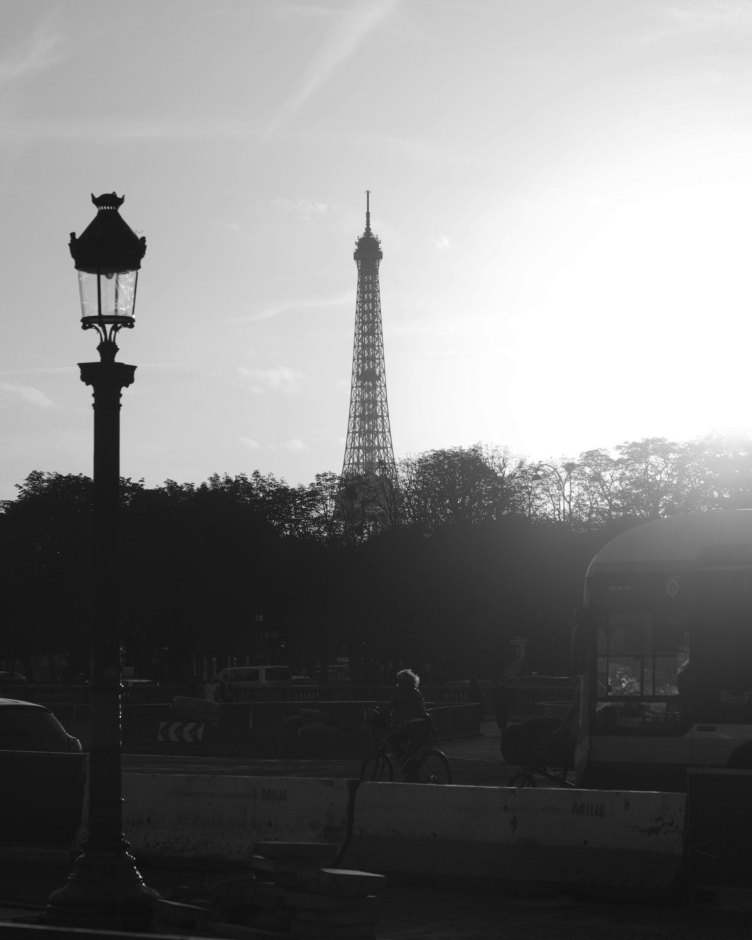 Vista in bianco e nero con la Torre Eiffel sullo sfondo e un lampione in primo piano