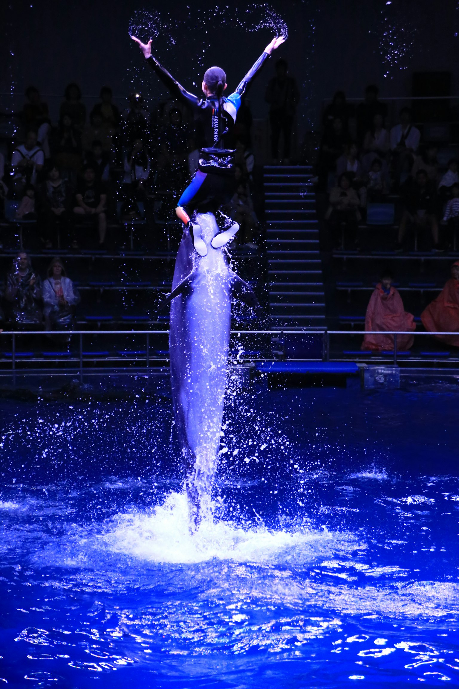 Performer jumping in water with splashes and dramatic lighting