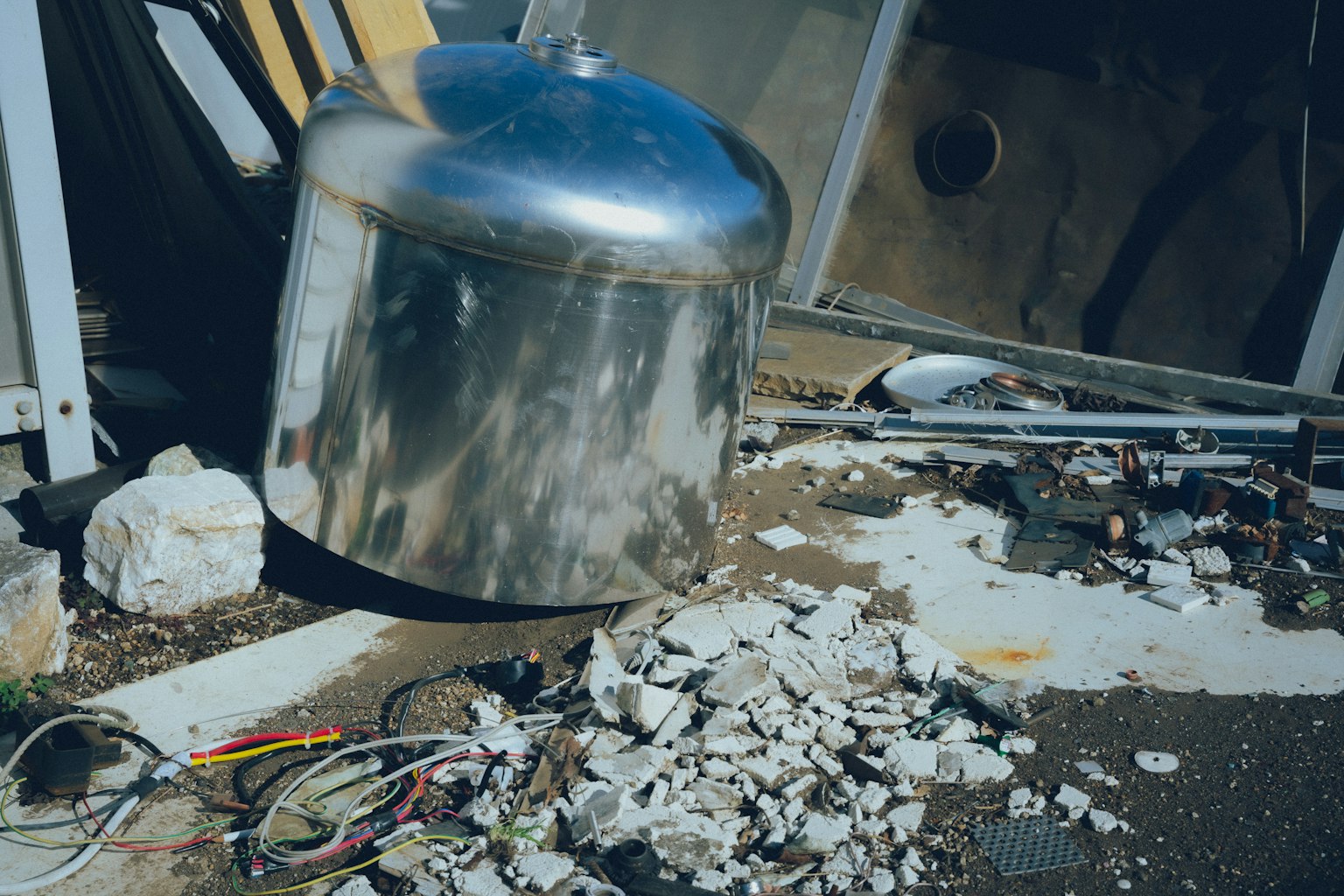 Scene of waste with a metal container and scattered debris