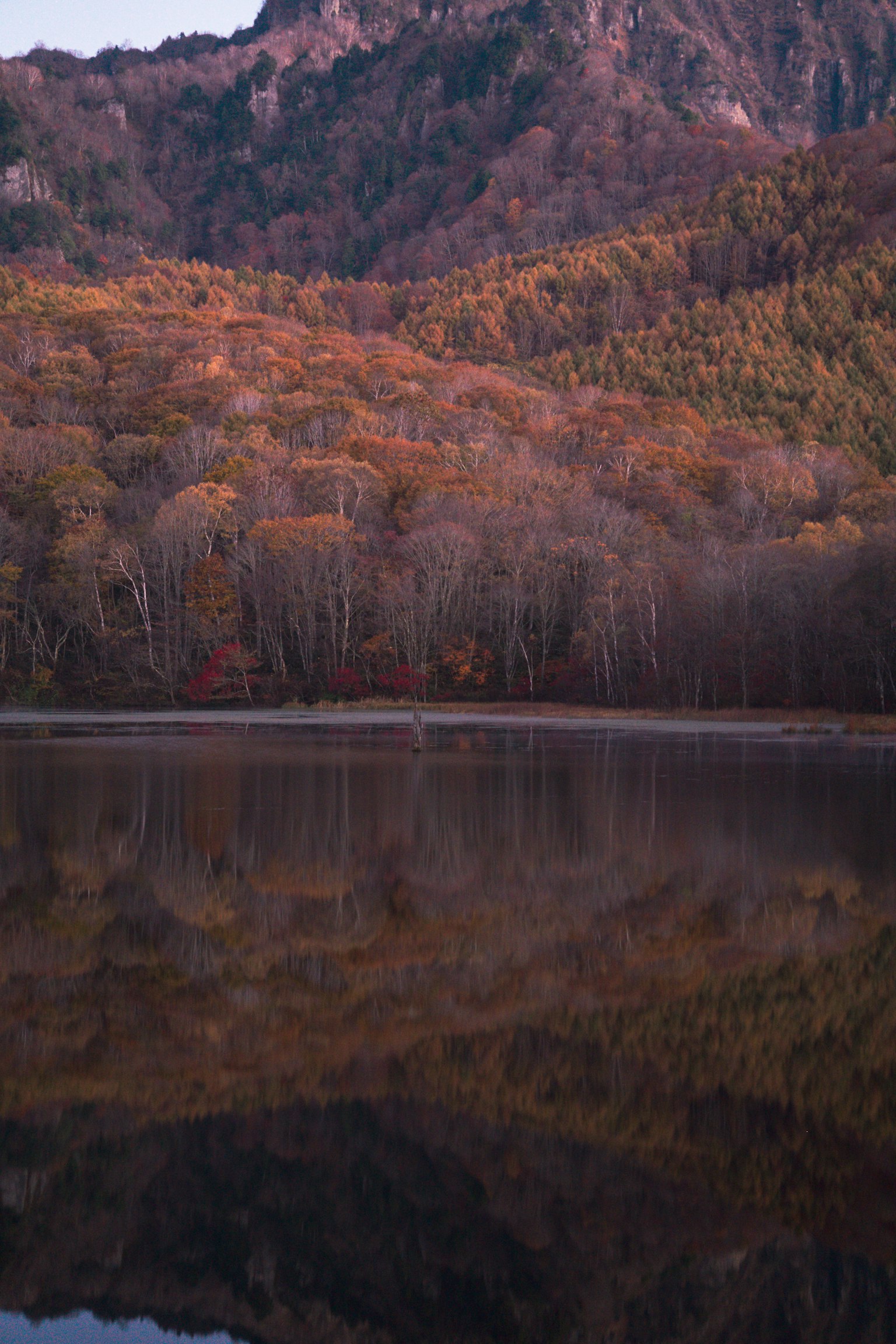 Lago sereno che riflette il fogliame autunnale vibrante e le montagne