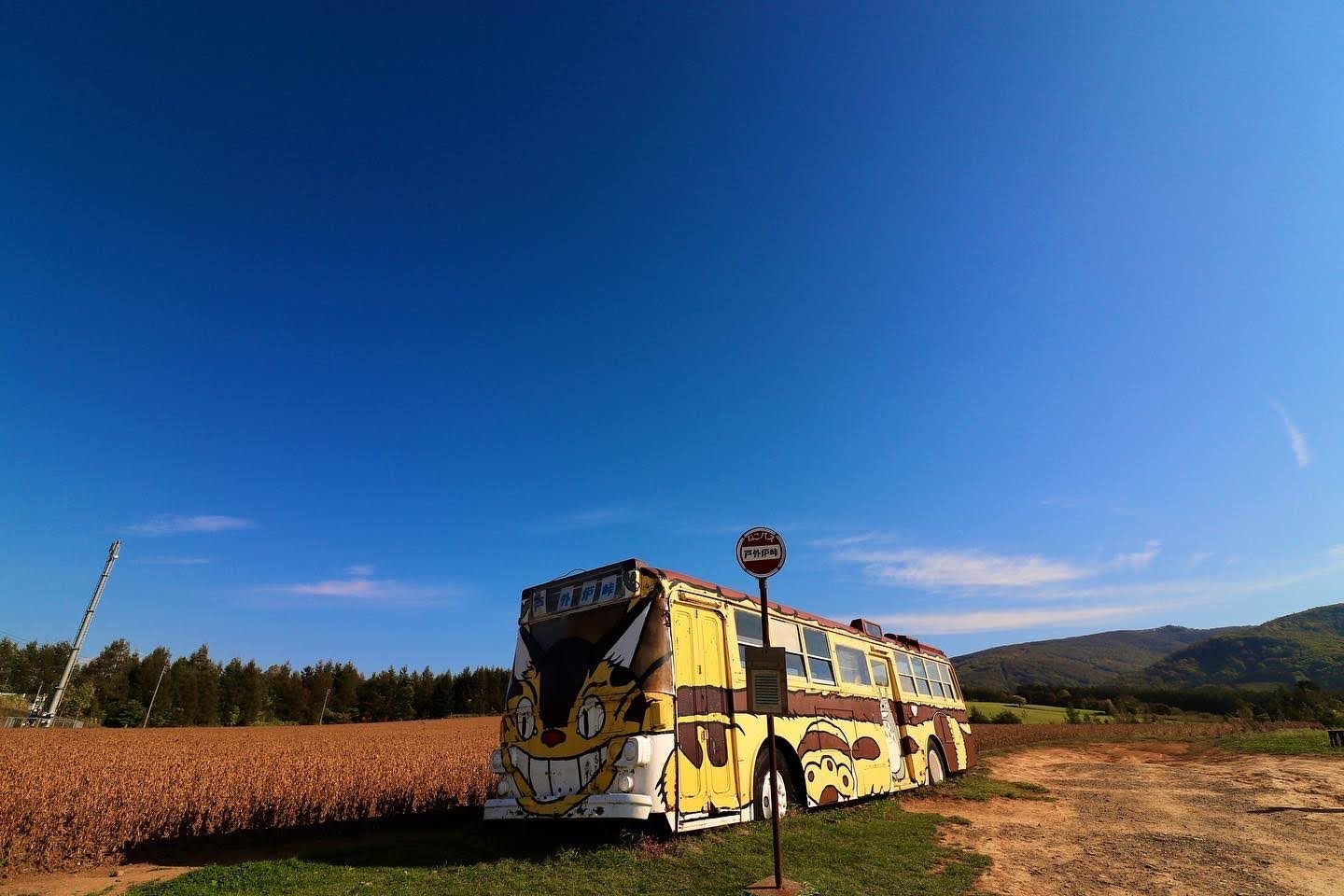 藍天之下停在田地旁的復古火車風格巴士