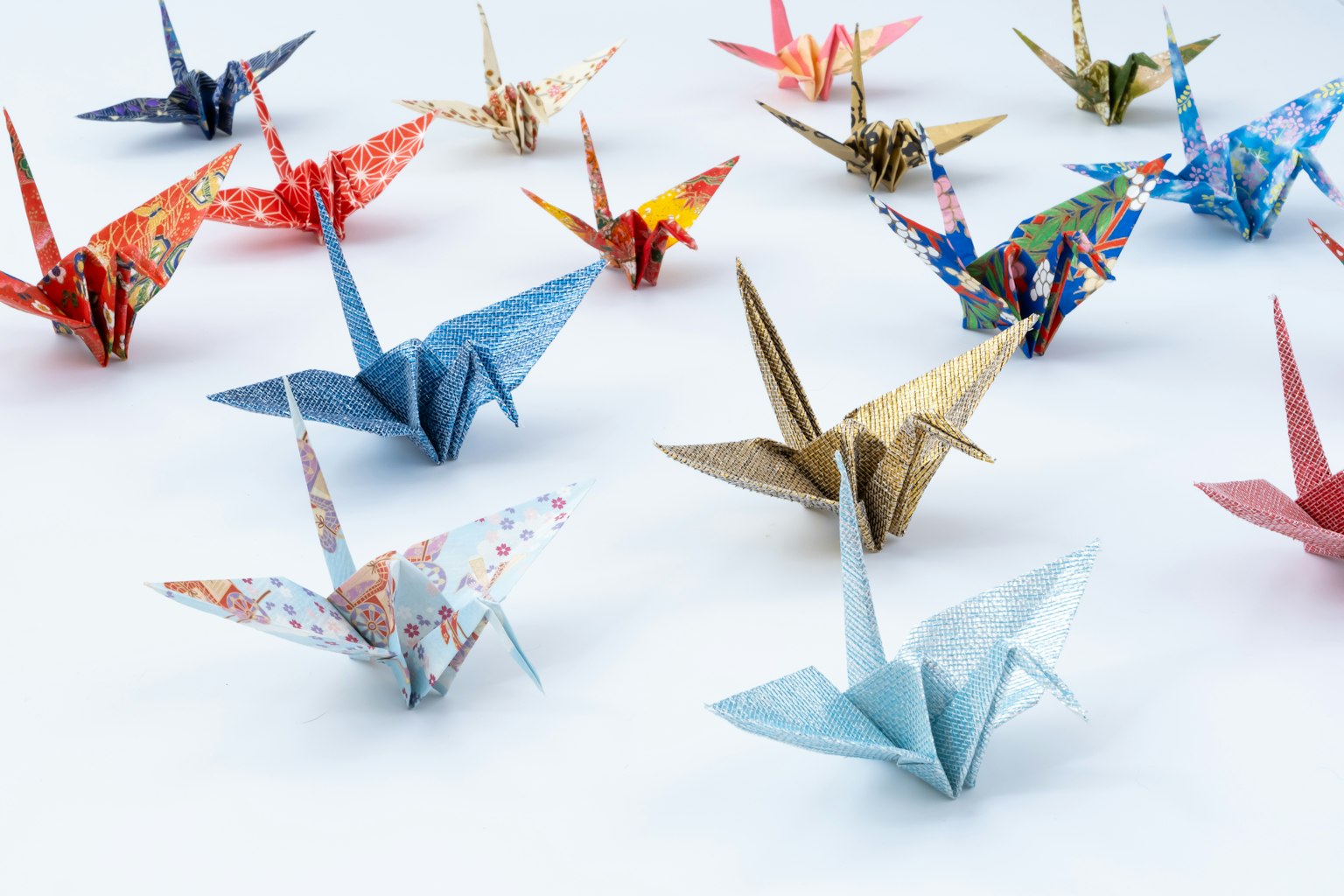 Cranes origami nhiều màu sắc được sắp xếp trong một tác phẩm nghệ thuật đẹp
