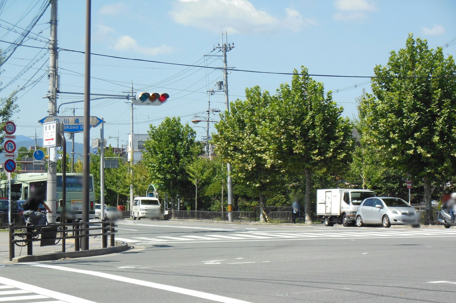 藍天下的城市角落景象 綠色樹木和交通信號燈