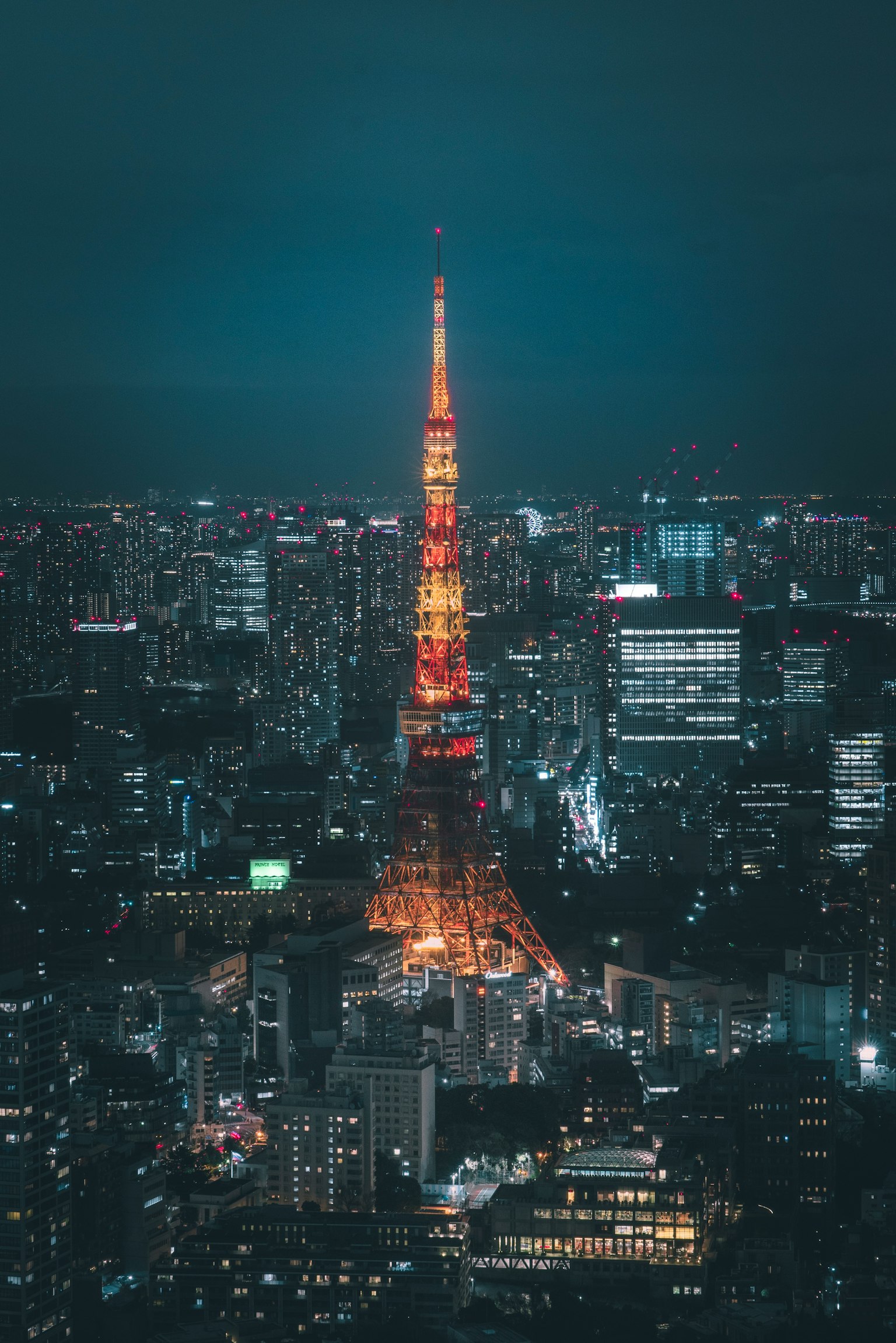Tokyo Tower beleuchtet bei Nacht mit der Skyline der Stadt
