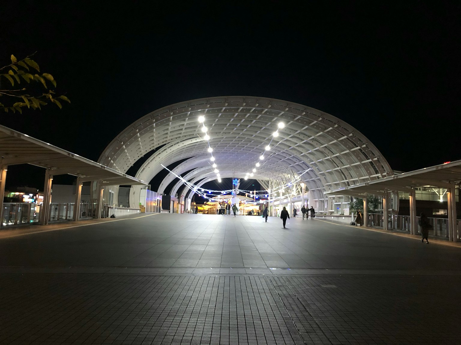 Stasiun kereta luas di malam hari dengan struktur atap modern