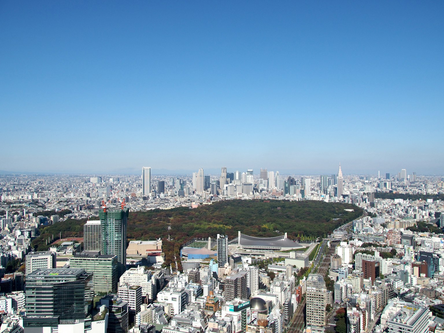 Weitreichende Sicht auf die Stadtlandschaft von Tokio mit grünem Park