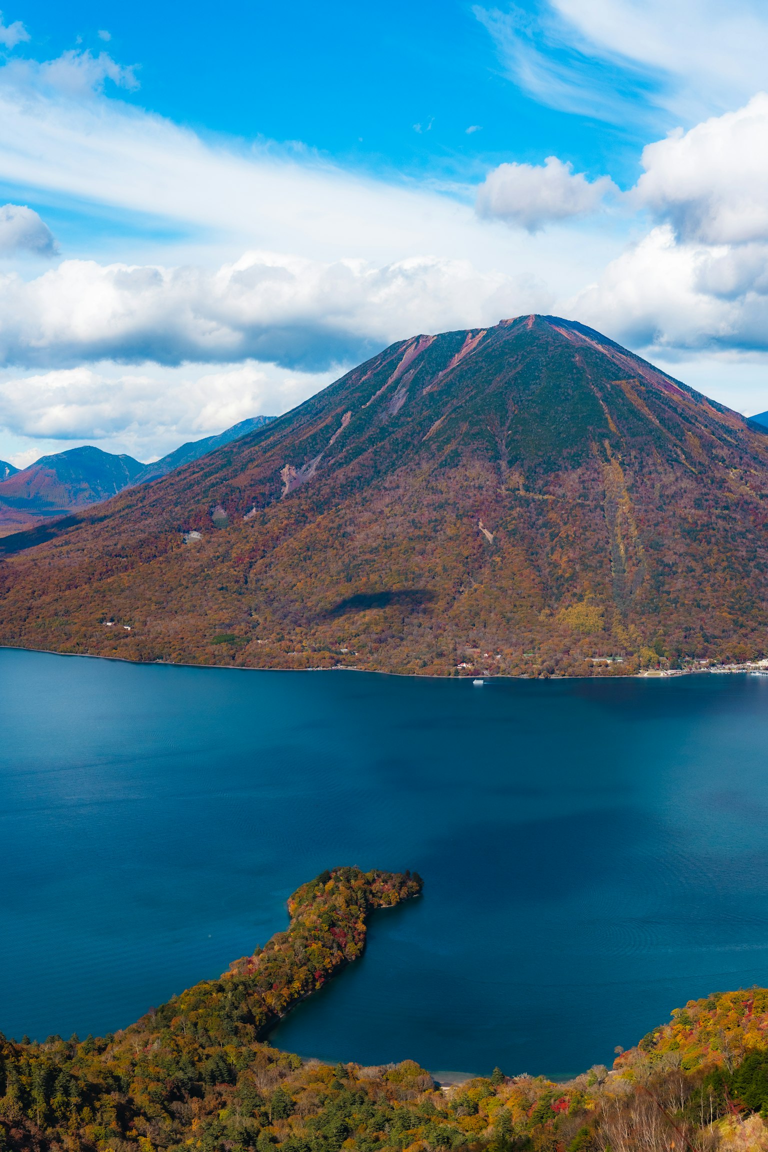 Vue panoramique d'un lac entouré de montagnes sous un ciel bleu