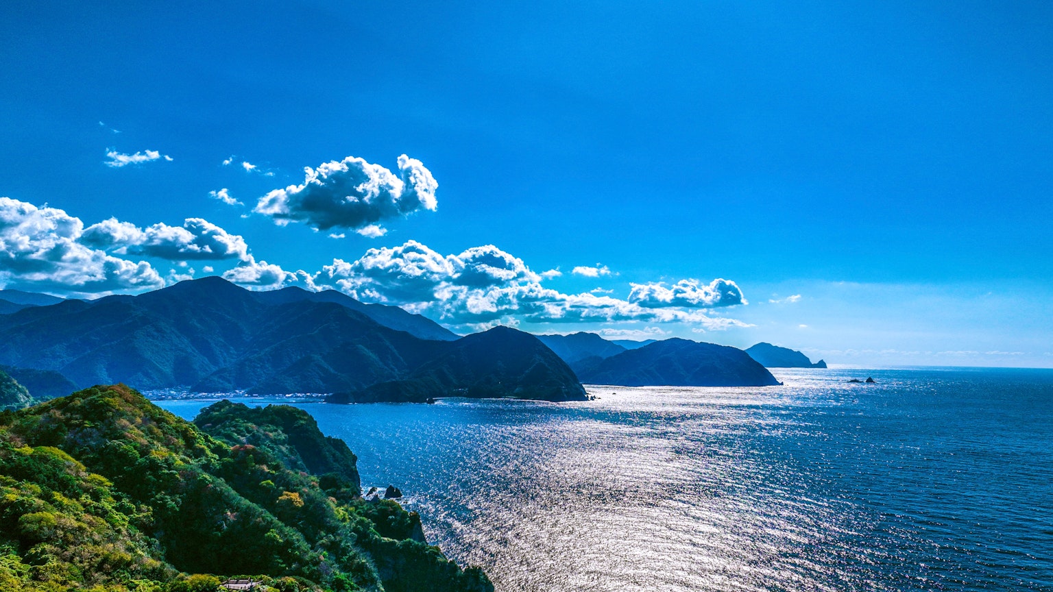 Beautiful landscape of blue ocean and mountains