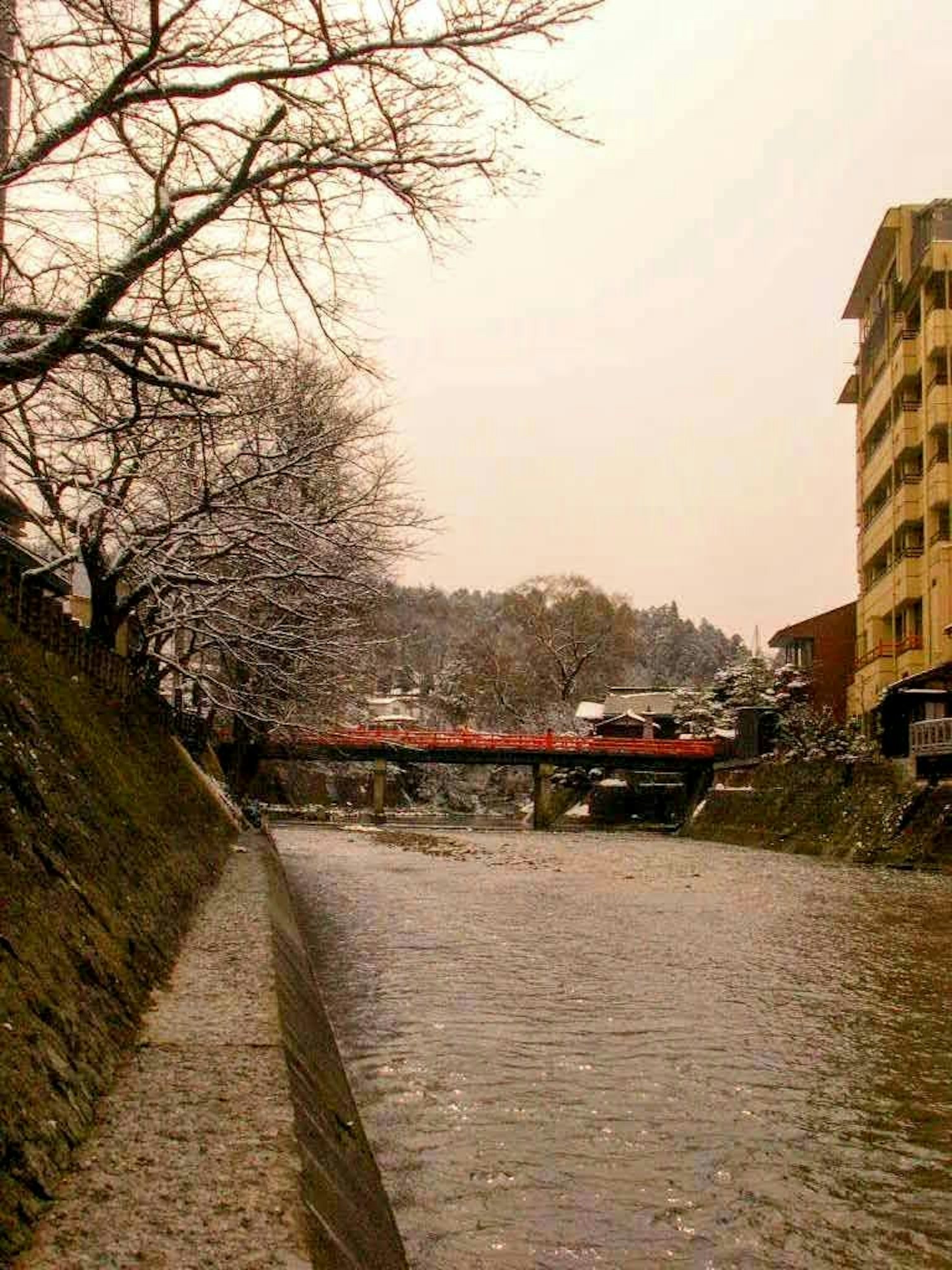Scena tranquilla di un fiume con alberi coperti di neve e un ponte rosso in lontananza