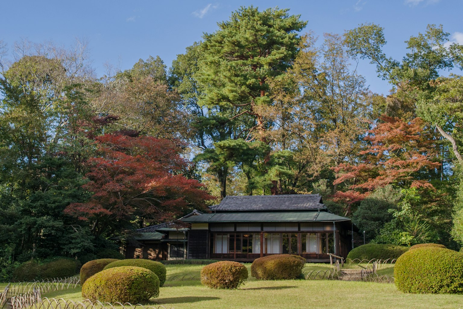 บ้านญี่ปุ่นแบบดั้งเดิมที่ตั้งอยู่ท่ามกลางสวนสวยและต้นไม้หลากสี